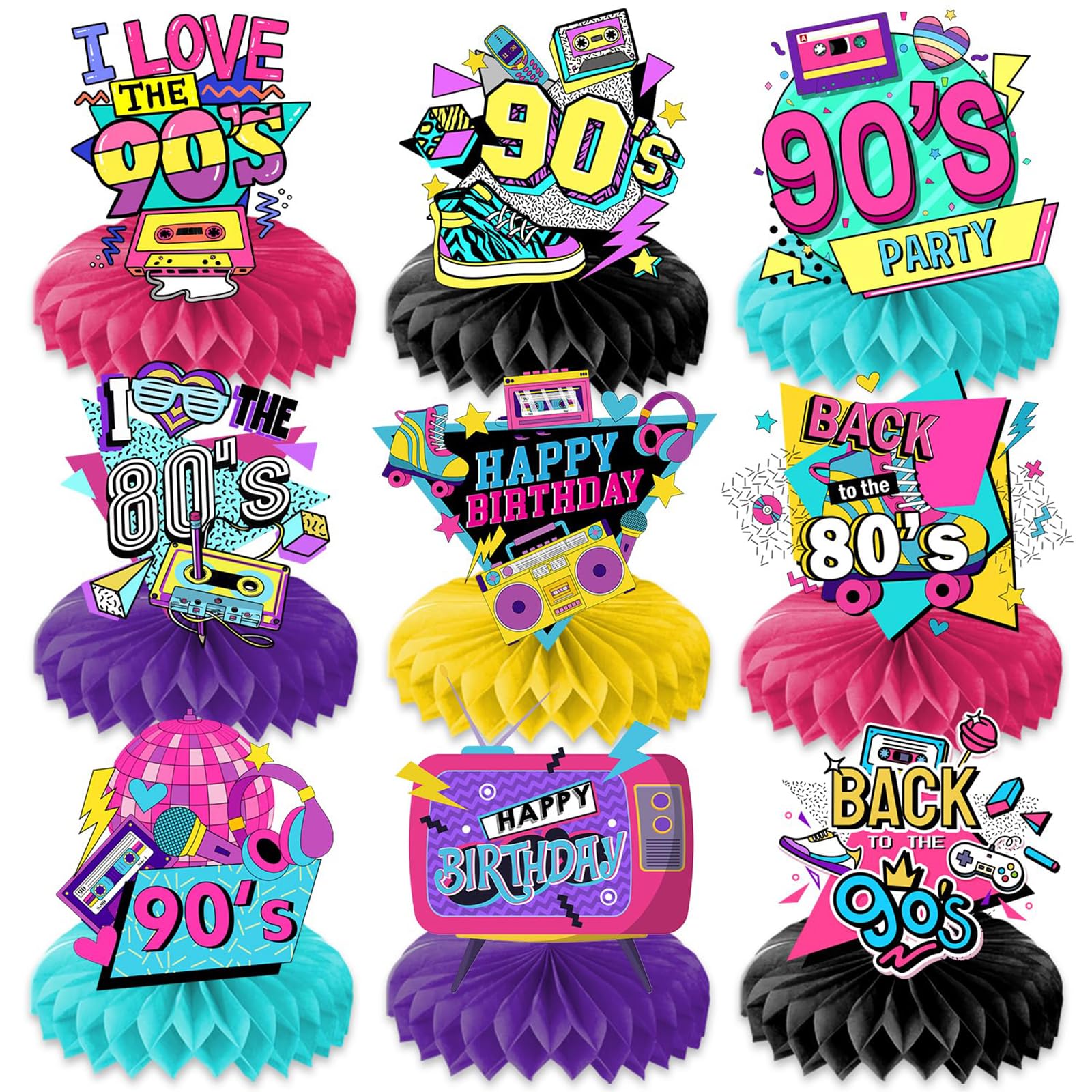 exylosluxek Honeycomb Party Decoration Ornament, 80s Party Decoration, Party Decoration for 80s 90s, 9 Piece Retro Disco 90s Retro Party Decorations