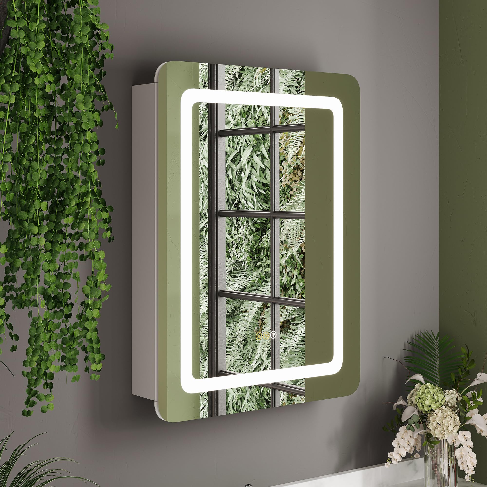 imgflx 24‘’x32‘’ Medicine Cabinet w/LED Mirror, Bathroom Lights Mirror, Recessed or Surface Mounted, Alumimum Alloy Frame, w/Cold&Warm Light, Defogger, Stepless Dimmer, Outlets&USB (24X32 in|1 Door)