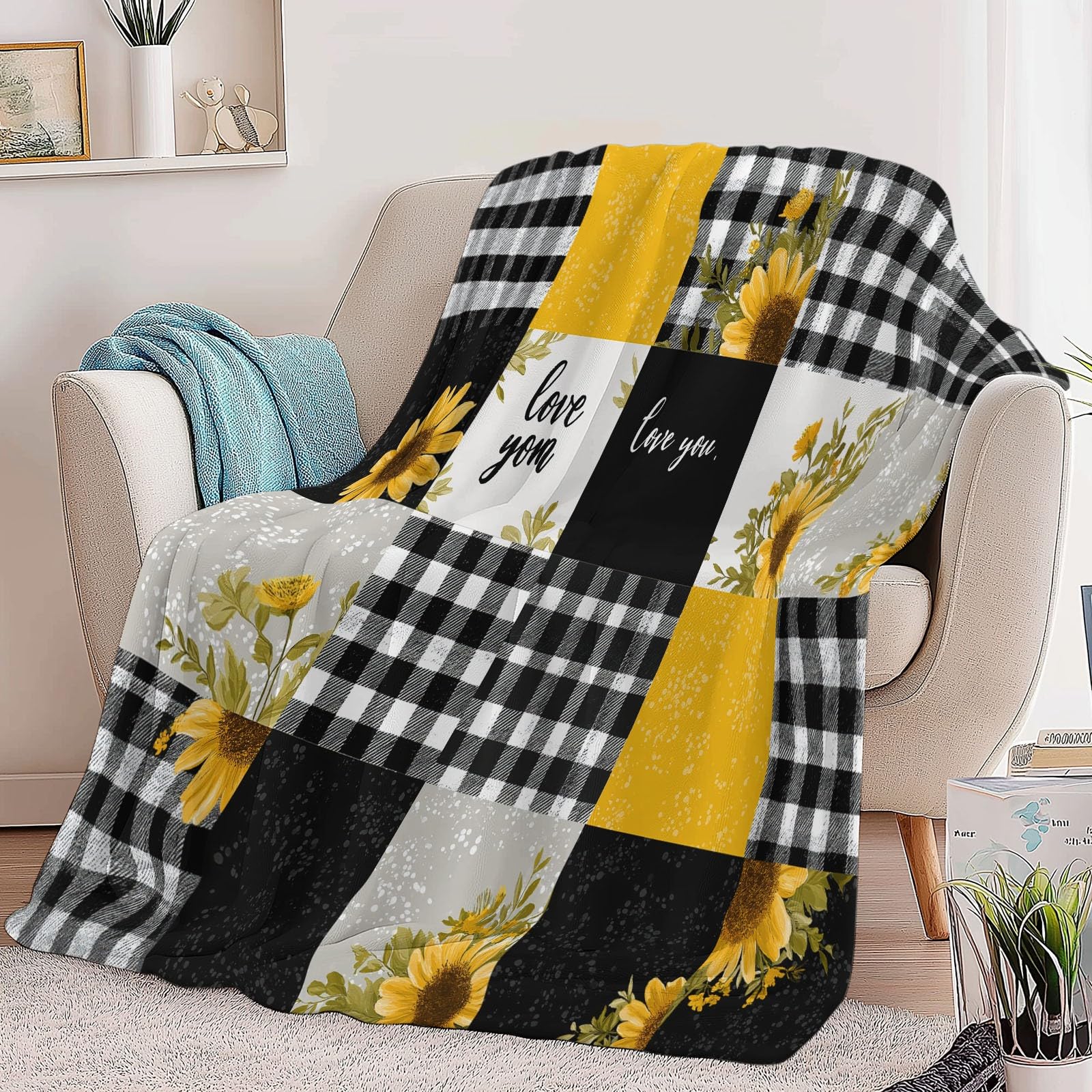 Polarowy koc flanelowy dla dzieci i dorosłych 200 x 200 cm, koce na kanapę z prostym nadrukiem czarno-białe kwadratowe promienie słońca Aoi - Miodowy żółty miękki ciepły ciepły lekki koc
