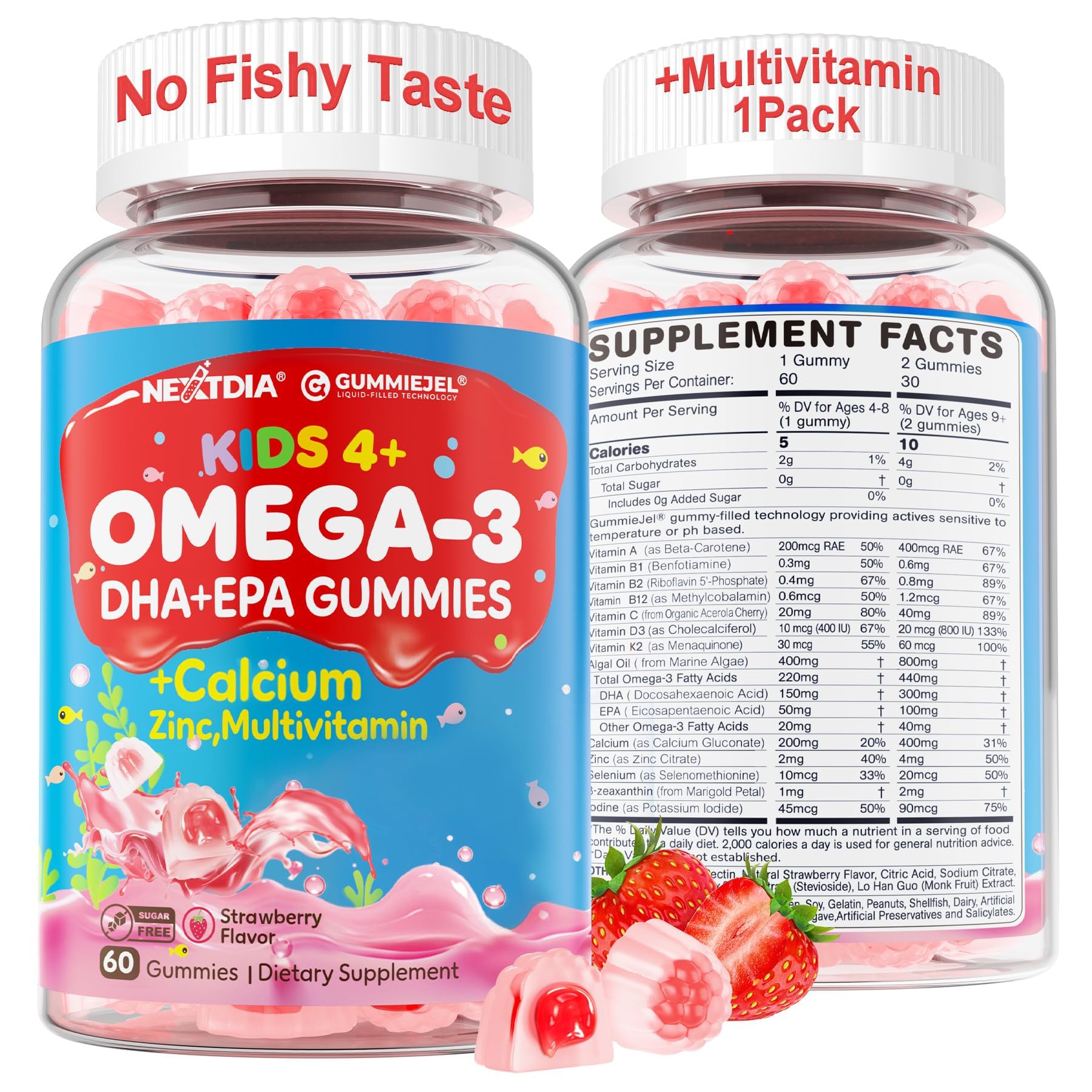 Nextdia Omega 3 (EPA/DHA) Filled Gummies for Kids Teen with Multivitamin, Calcium + D3 + K2 + Zinc, Plus Vitamin A B1 B2 B12 C, Selenium, Iodine, No Fish Taste, Sugar Free 60 Count (Pack of 1)