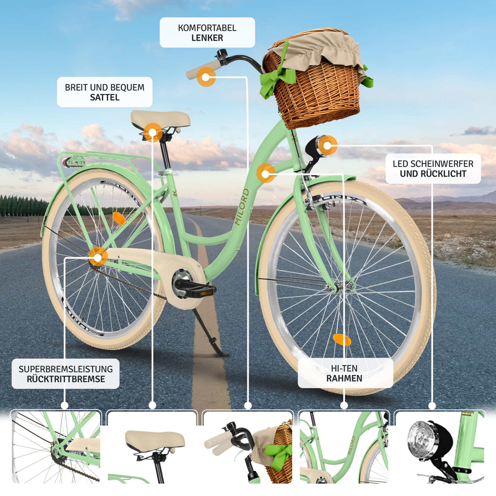 MILORD Bicicletta da donna City Bike Comfort con cestino in vimini vintage bicicletta 26,28 pollici, 1 marcia