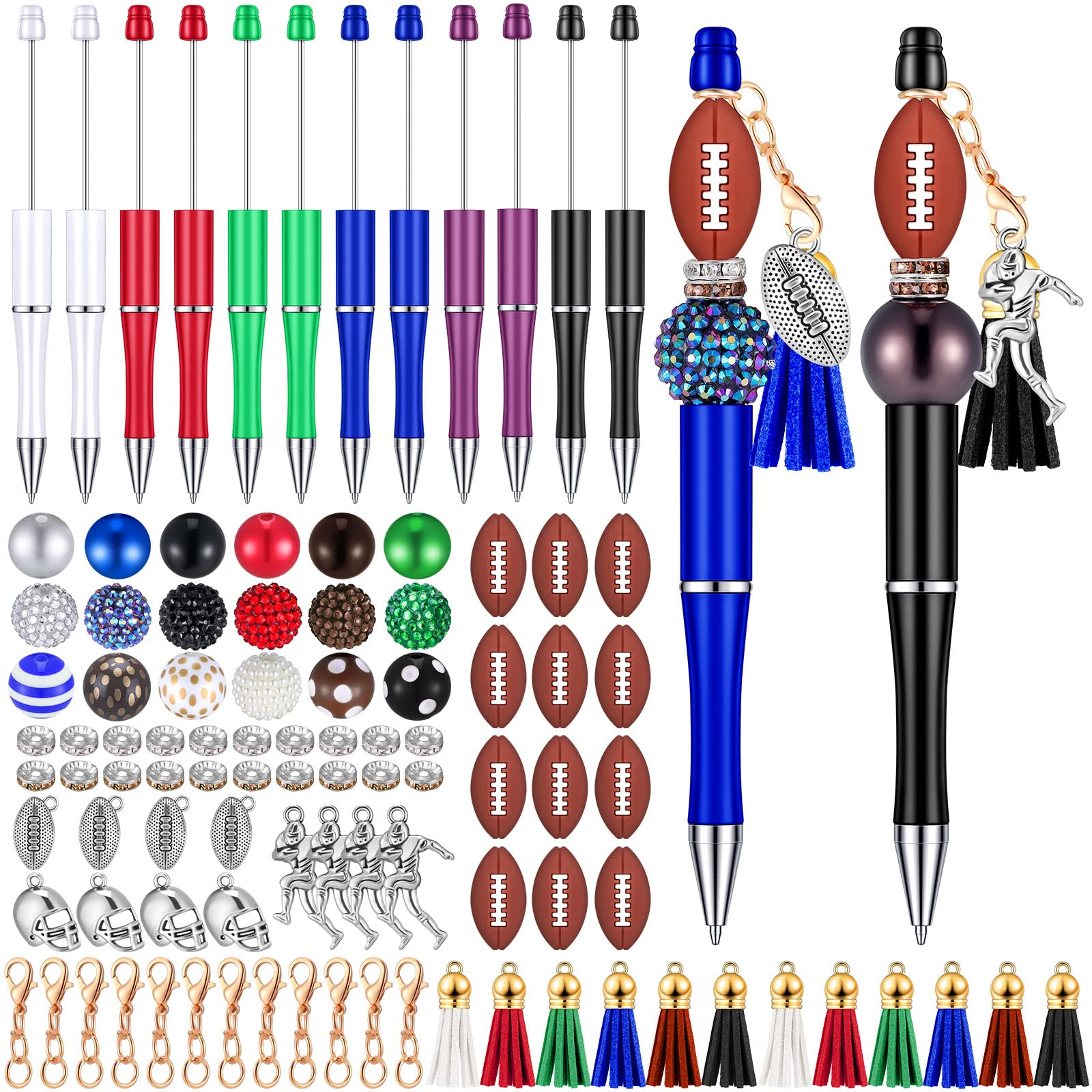 Jutom 12 Pcs Football Beadable Pens Beads Pen Making Kit with 50 Pcs Colorful Beads 12 Tassels 12 Silicone Football‌ Pendants Ballpoint for DIY Crafts