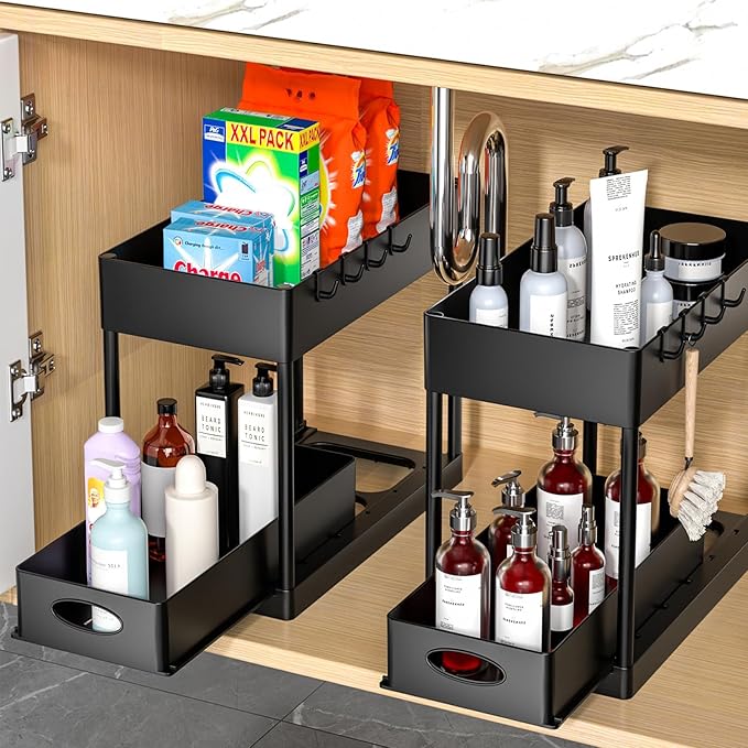 PUILUO 2 Set Under Sink Cabinet Organizer, 2 Tier Storage Under Cabinet Bathroom Under Sink Organizers and Storage Black Under Sink Storage for Bathroom Kitchen