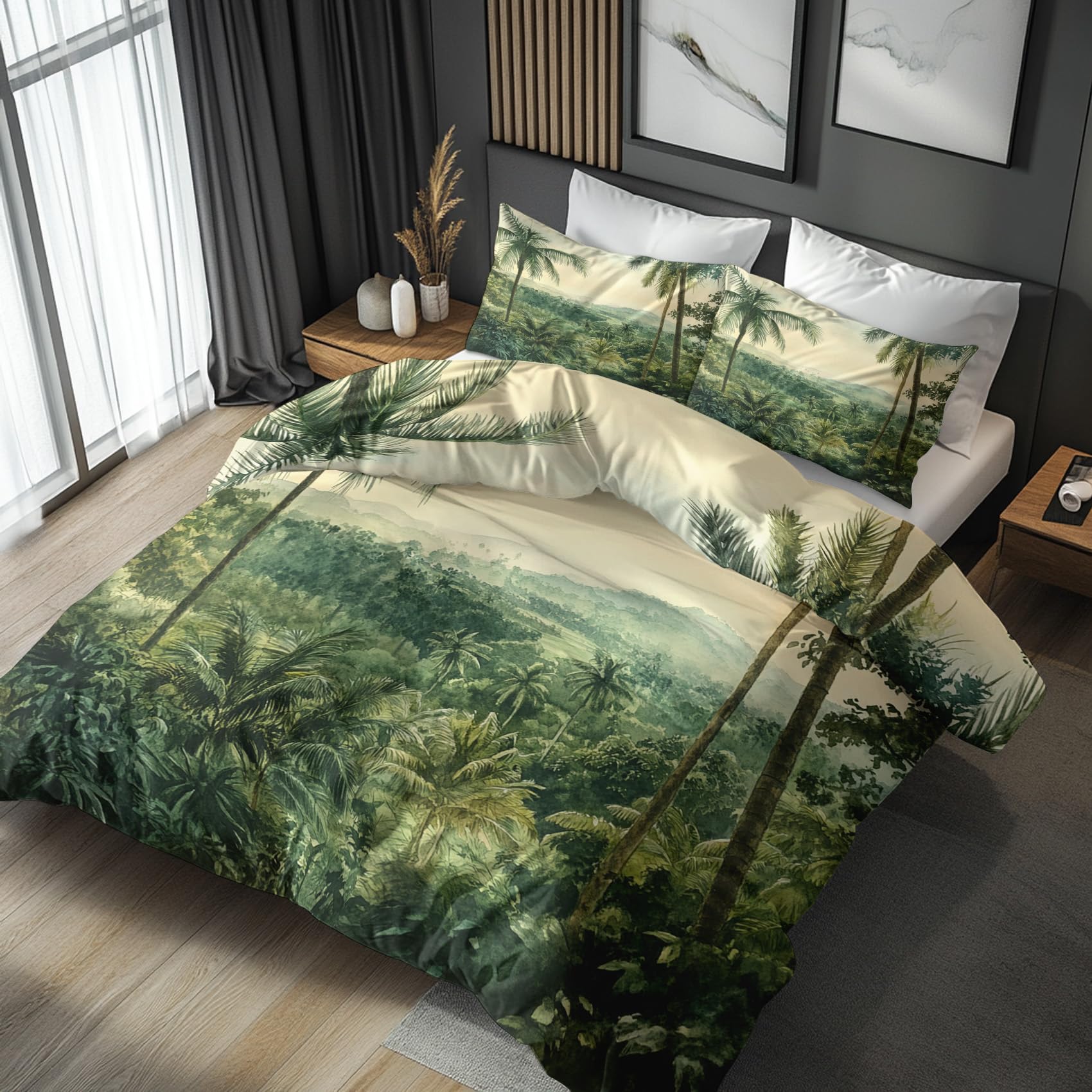 NOGAWA Tropical Rainforest Bedding Double - Tree Green Leaf Double Duvet Set - Reversible Quilt Cover & 2 Pillowcases with Zip and Ties, Ultra Soft and Non Iron Brushed Microfibre Bed Set