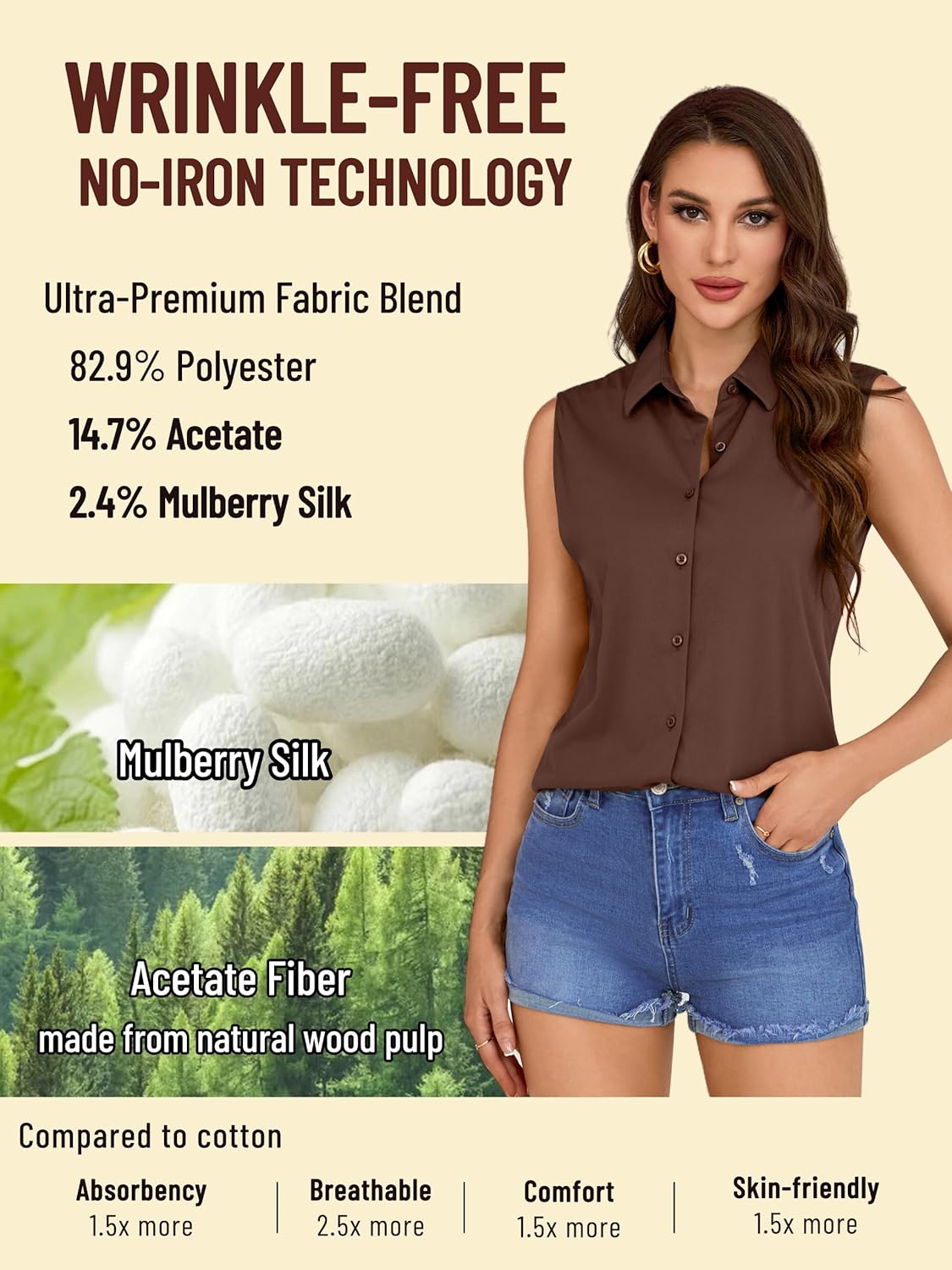 COUXILY Wrinkle-Free & Non-Iron Women's Sleeveless Button Down Shirts Blouses with Mulberry Silk Tank Casual Work Tops - Image 3