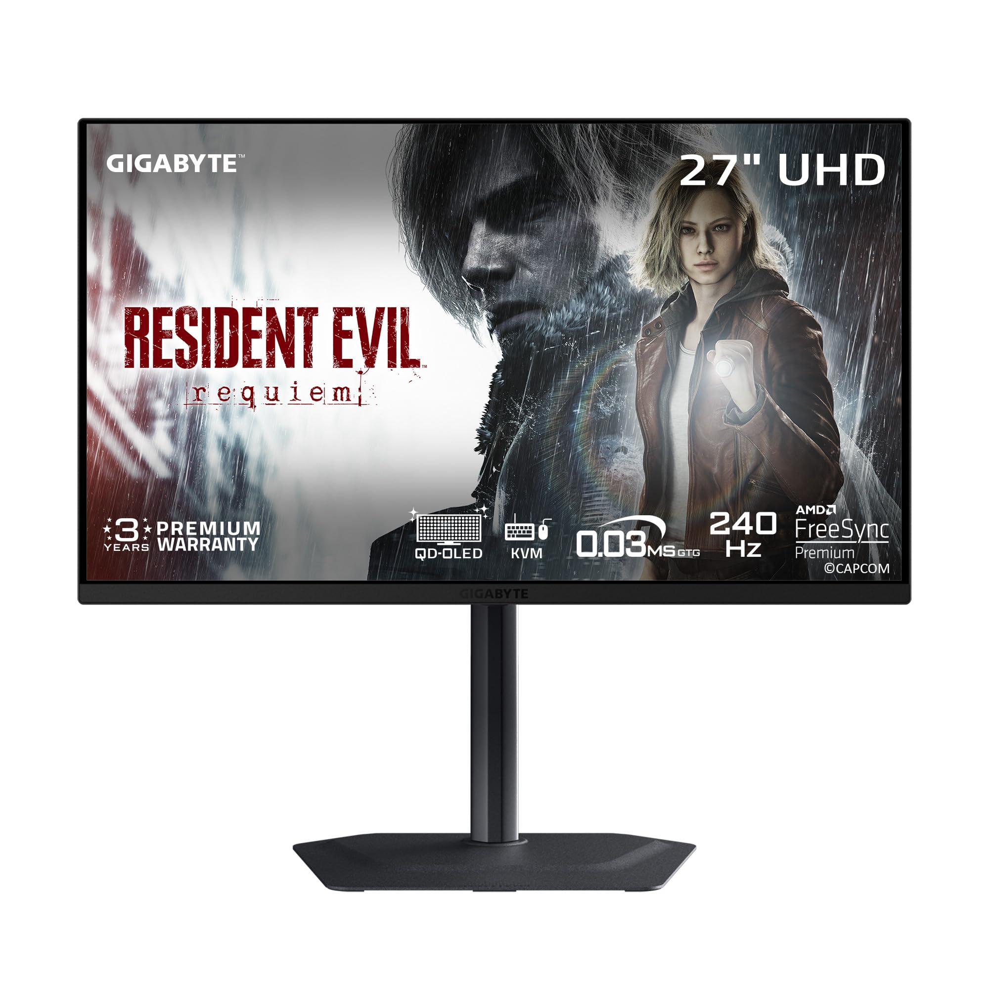 GIGABYTE - MO27U2-27" QD-OLED Gaming Monitor - UHD 3840x2160-240Hz - 0.03ms GTG - AMD FreeSync Premium Pro, G-SYNC Compatible - Type C KVM - HDMI, DP, Type-C - Height and Tilt Adjustable - Black
