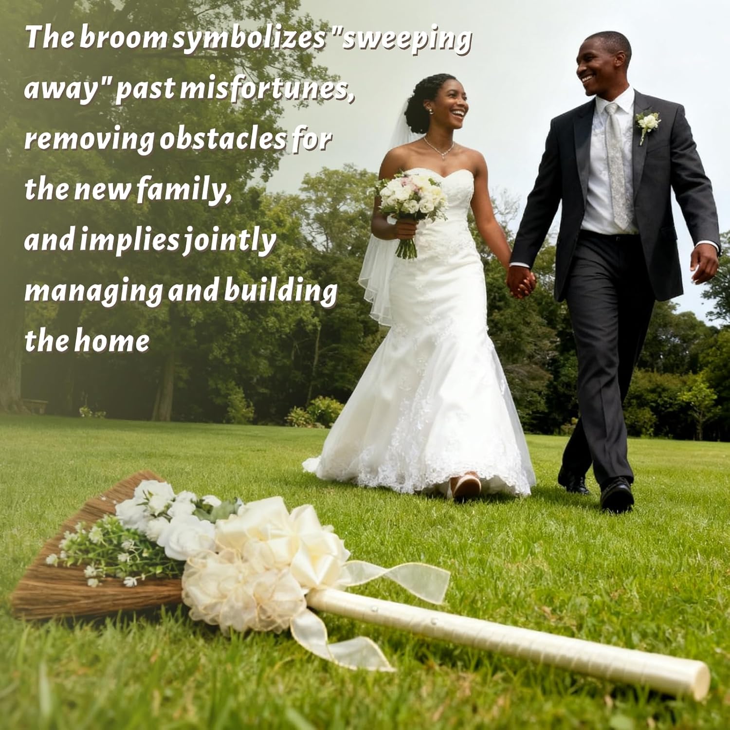 Wedding Broom for Jumping & Wedding Ceremony, DIY Decorative Broomstick with Ribbons, Artificial Pearl, Camellia, Roses - Ideal for African American Weddings