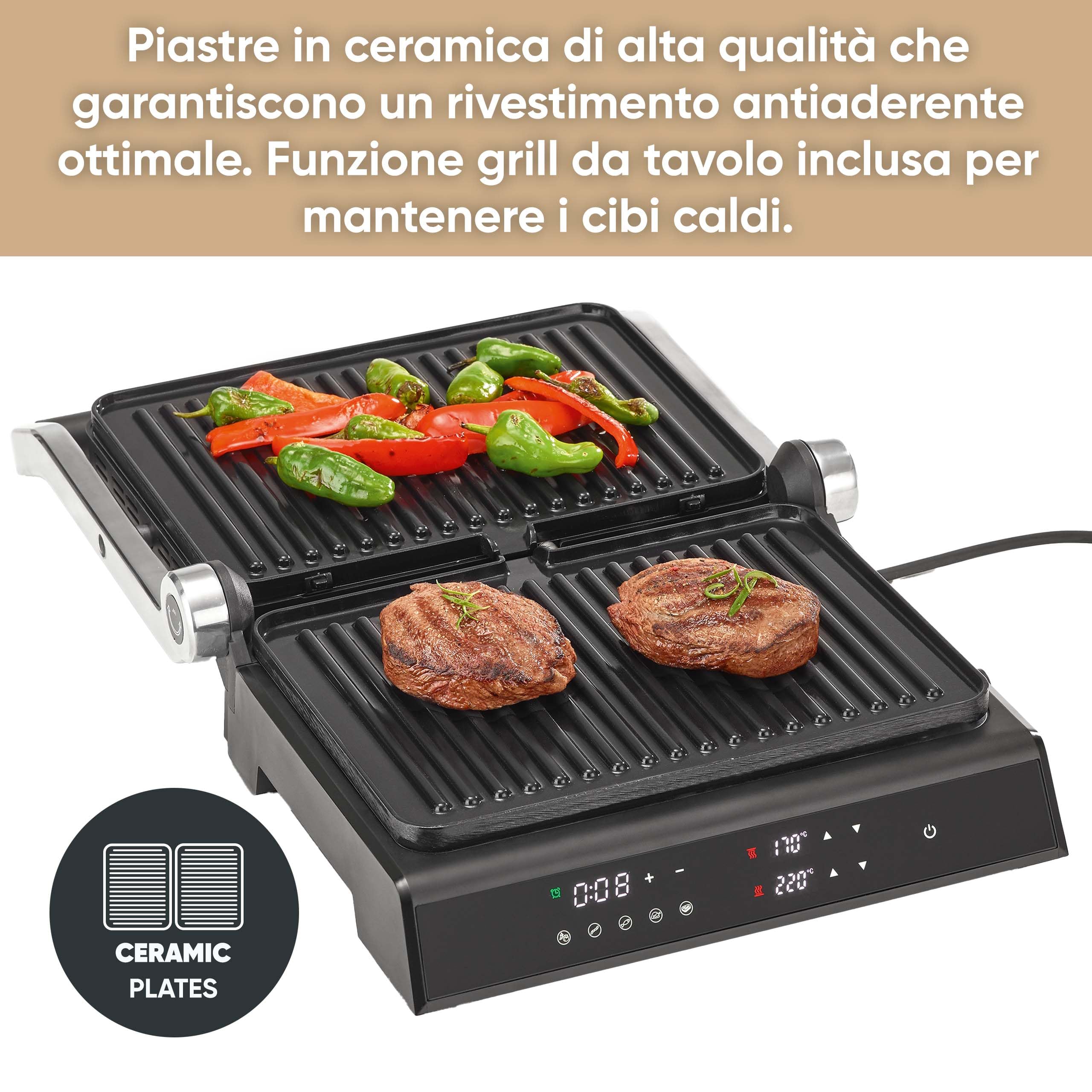 SEVERIN SEVINI Comfort per carne, pesce e verdura, macinino digitale per grigliare senza grassi con 5 programmi auto, rivestito in ceramica, per interni fino a 230 °C, 1800 W, nero, KG 2399