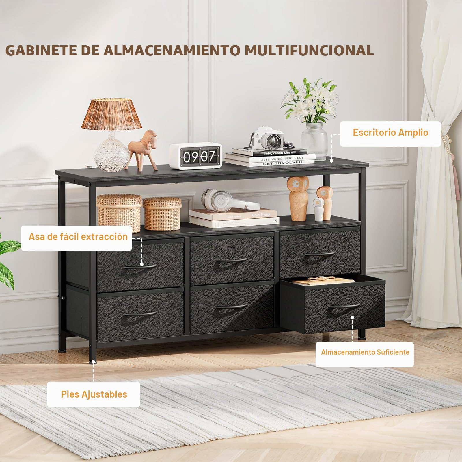 Mueble TV con 6 Cajones y Estantes Abiertos | Para TV de hasta 55", Negro, 120 × 30 × 68 cm, Ideal para Salón o Dormitorio
