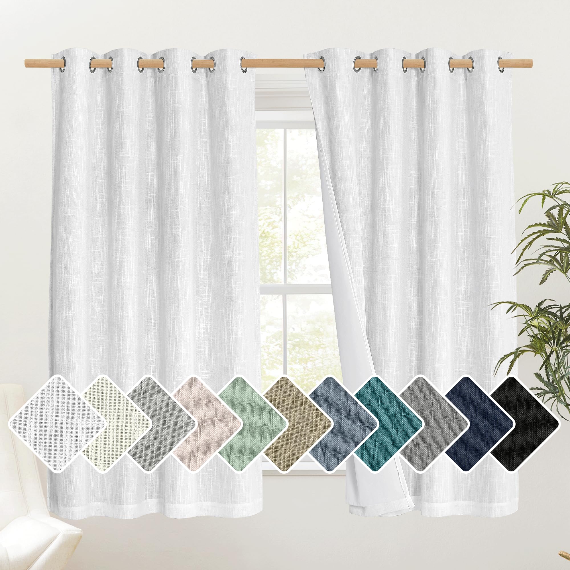 NICETOWN 100% Absolutely Blackout Linen Curtains with Thermal Insulated White Liner, White, 52" W x 63" L, Set of 2, Vintage Linen Textured Privacy Window Treatment Light Blocking for Living Room