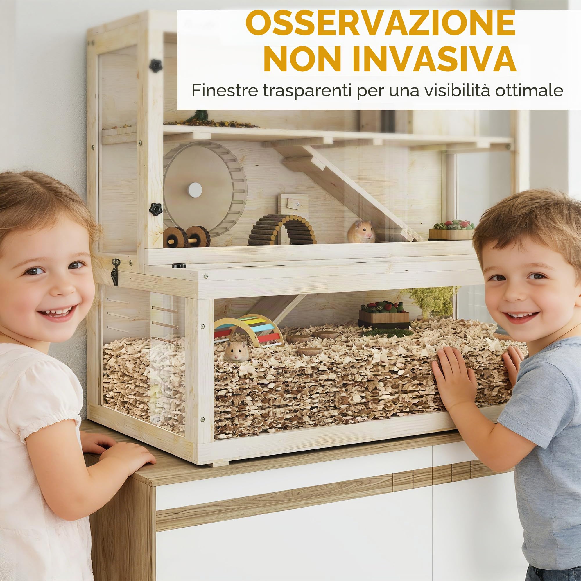 PawHut Gabbia Criceti Legno Capanna, Ruota, Rampe, 100x50x84 cm Nat.