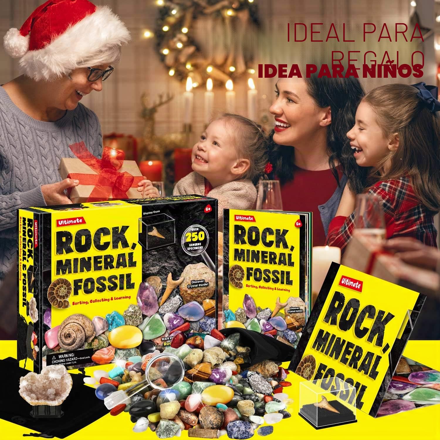 XXTOYS - Kit de Piedras y Minerales Coleccionables - 250 Geodos y Fósiles Naturales - Se Entrega con Escaparate y Estuche - 6 7 8 9 10 Años