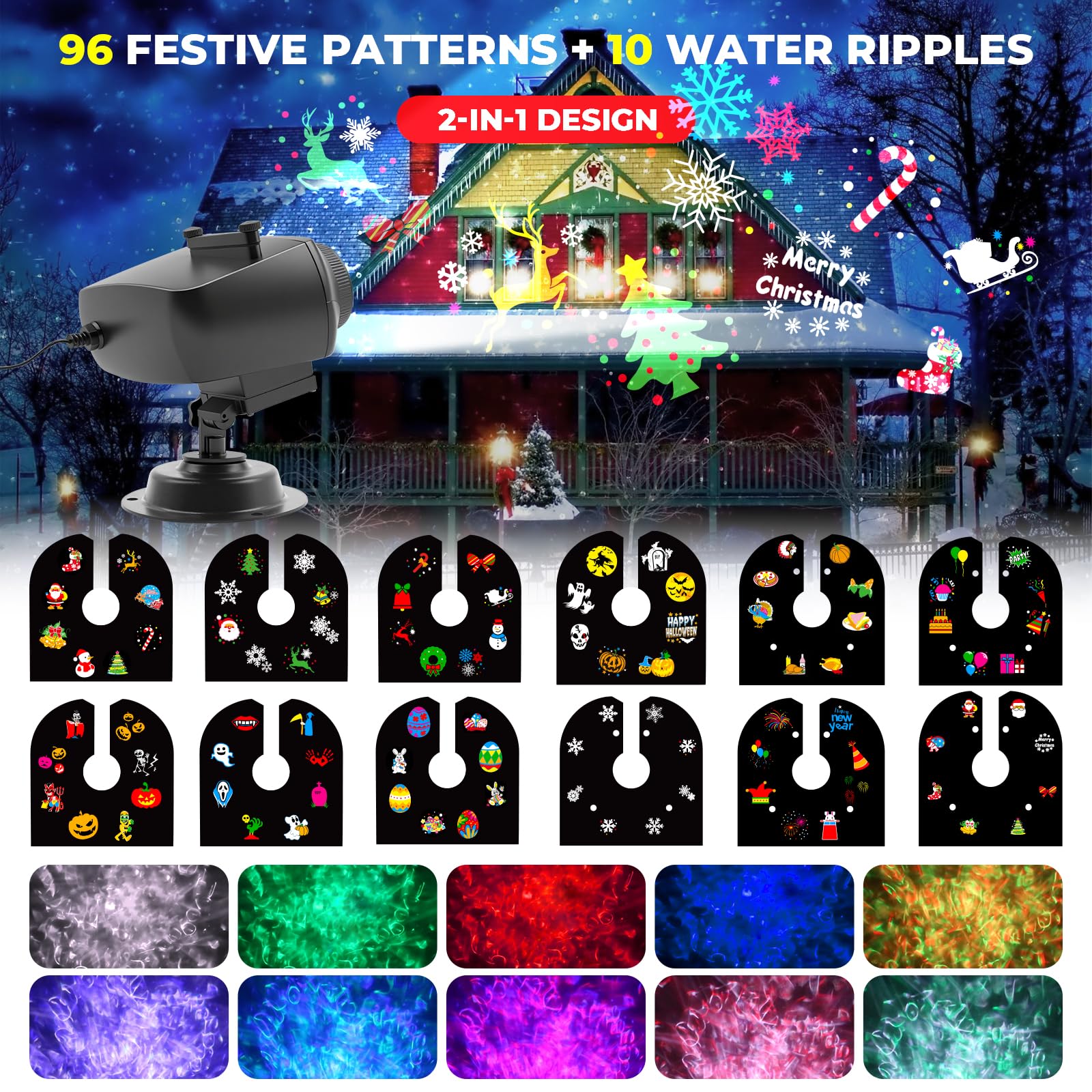 Projektor bożonarodzeniowy, wodoszczelny, IP44, 15 W, jasny efekt HD Ocean Wave Effect, 12 slajdów, 96 nieblaknących, na prezent, Halloween, Boże Narodzenie, dekoracja projektora LED