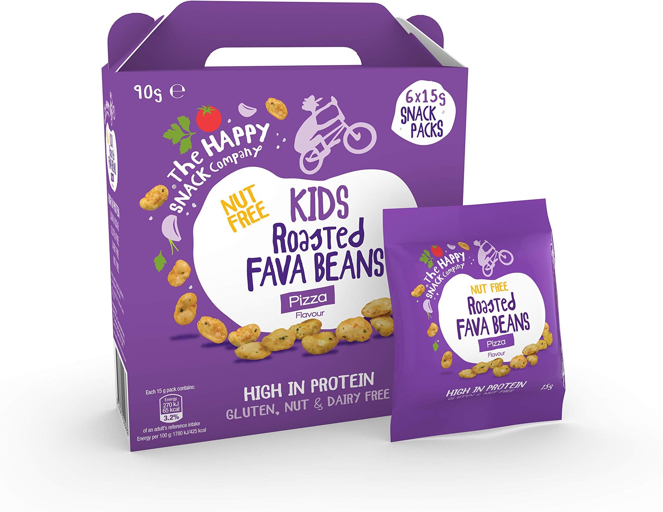 The Happy Snack Company Roasted Fava Beans, Pizza Flavour Healthy Snack, Lunchbox Friendly, High Protein, Low Sugar, Nut and Gluten Free, Vegan, School Snacks,15g Portion, Pack of 30