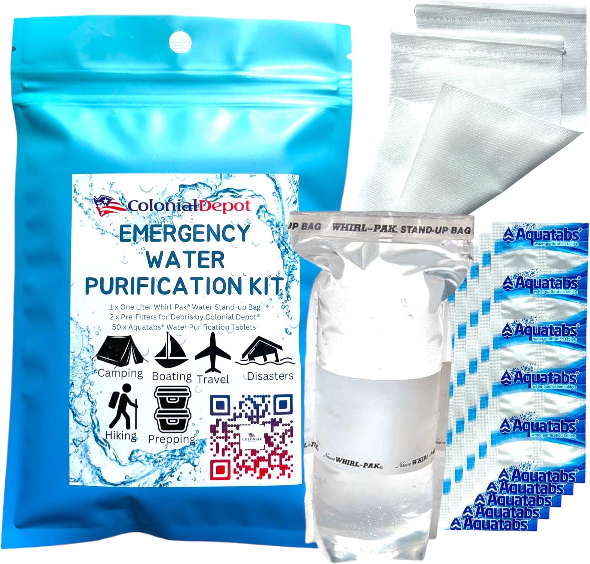 1x Kit - Includes 50x Aquatabs tablets, 2x Pre-filters, 1x Whirlpak water bag