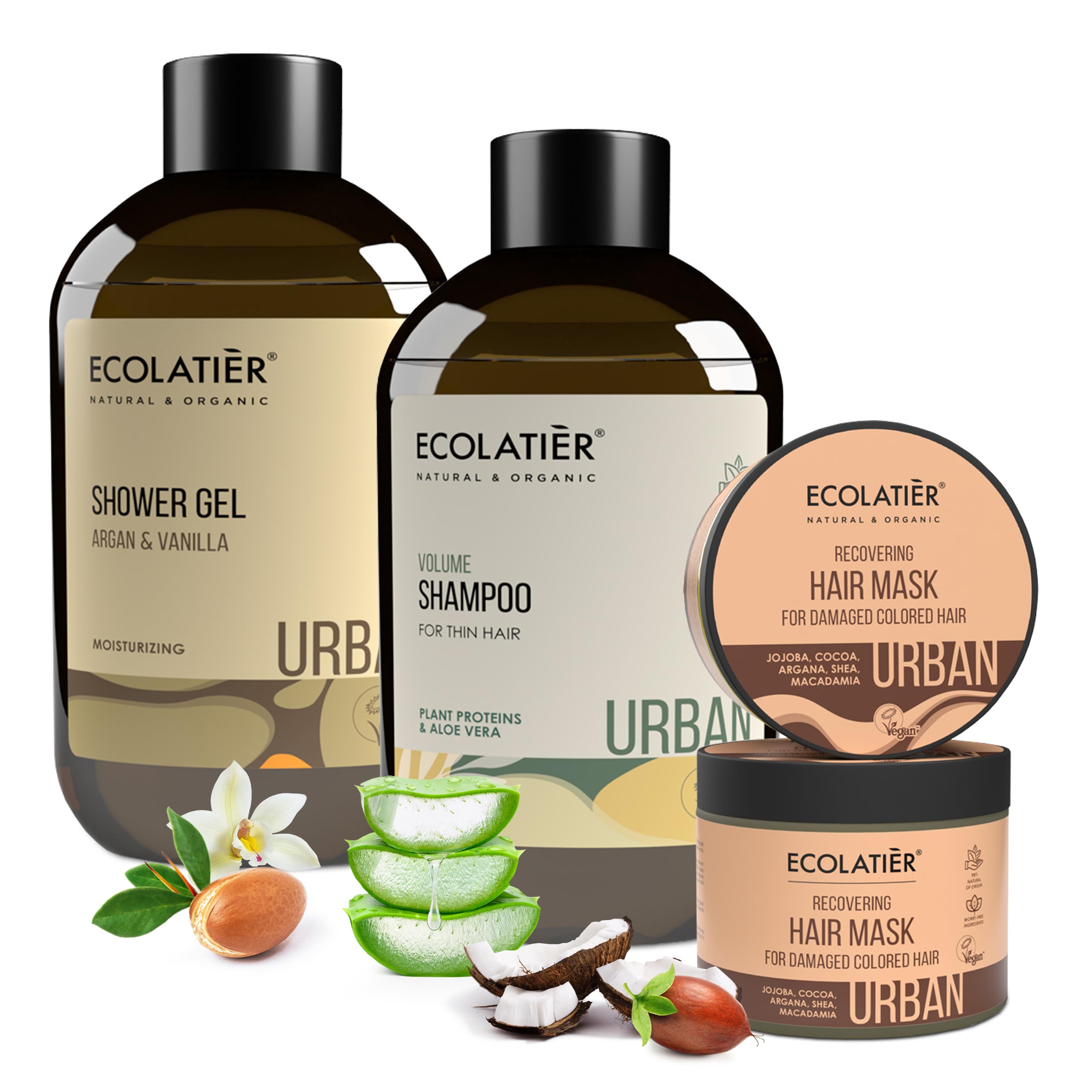 ECOLATIÈR Shower Gel Argana & Vanilla, Shampoo Volume for Thin Hair, Recovering Hair Mask for Damaged Hair Bundle – Hydration, Strength, Shine, Natural Ingredients, Vitamins B5, B6, C, E