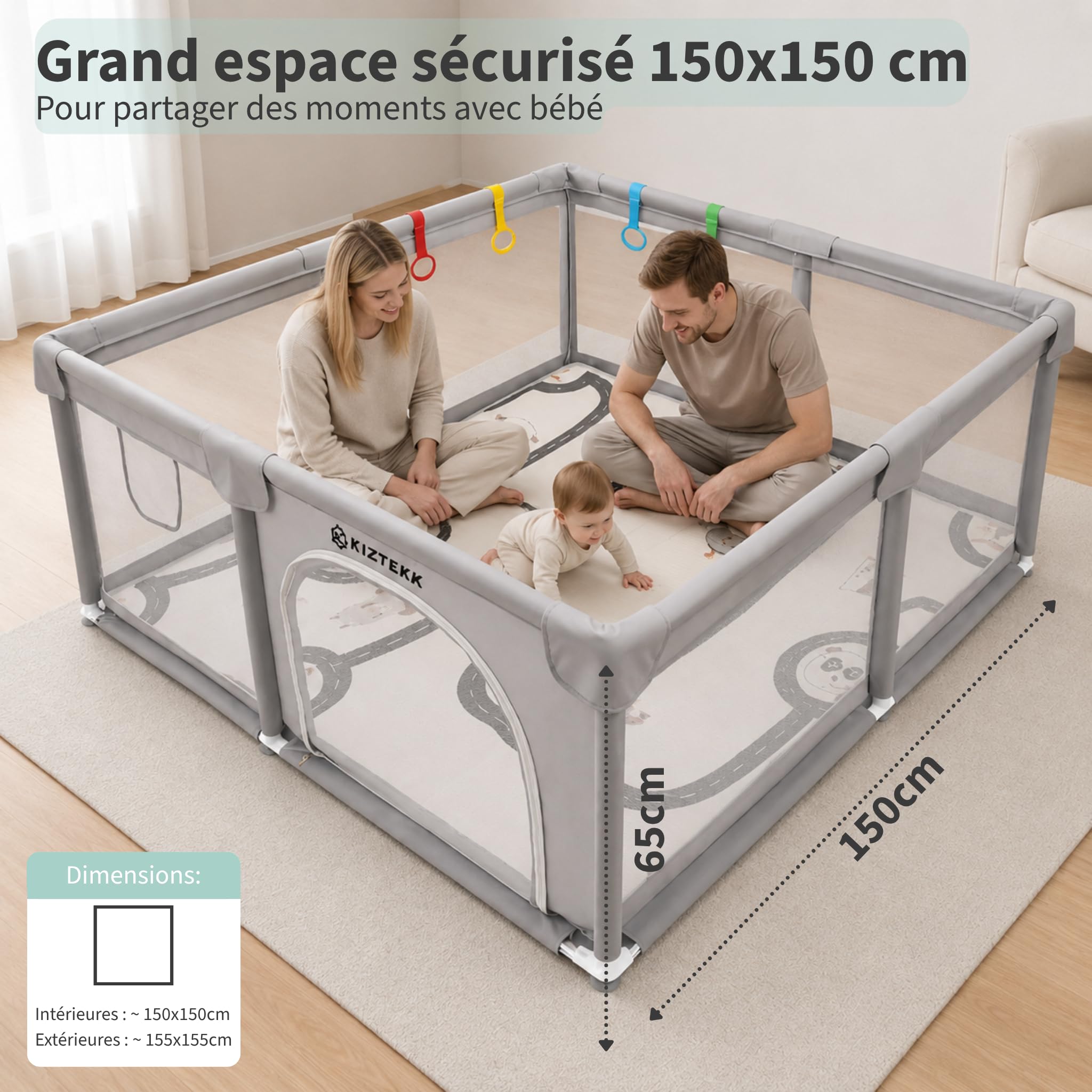 Parc Bebe 150x150 cm - Parc Bebe avec Tapis de Sol Pliable - Grand Espace Sécurisé - Protection Renforcée - Visibilité 360° - 2 Sacs de Rangement Inclus - 4 Anneaux de Soutien