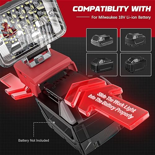 Miniatura 5 de Luz de inundación LED inalámbrica para batería de litio Milwaukee M18 de 18 V, LIVOWALNY 20 W 2000 LM, linterna de trabajo portátil de mano con USB,