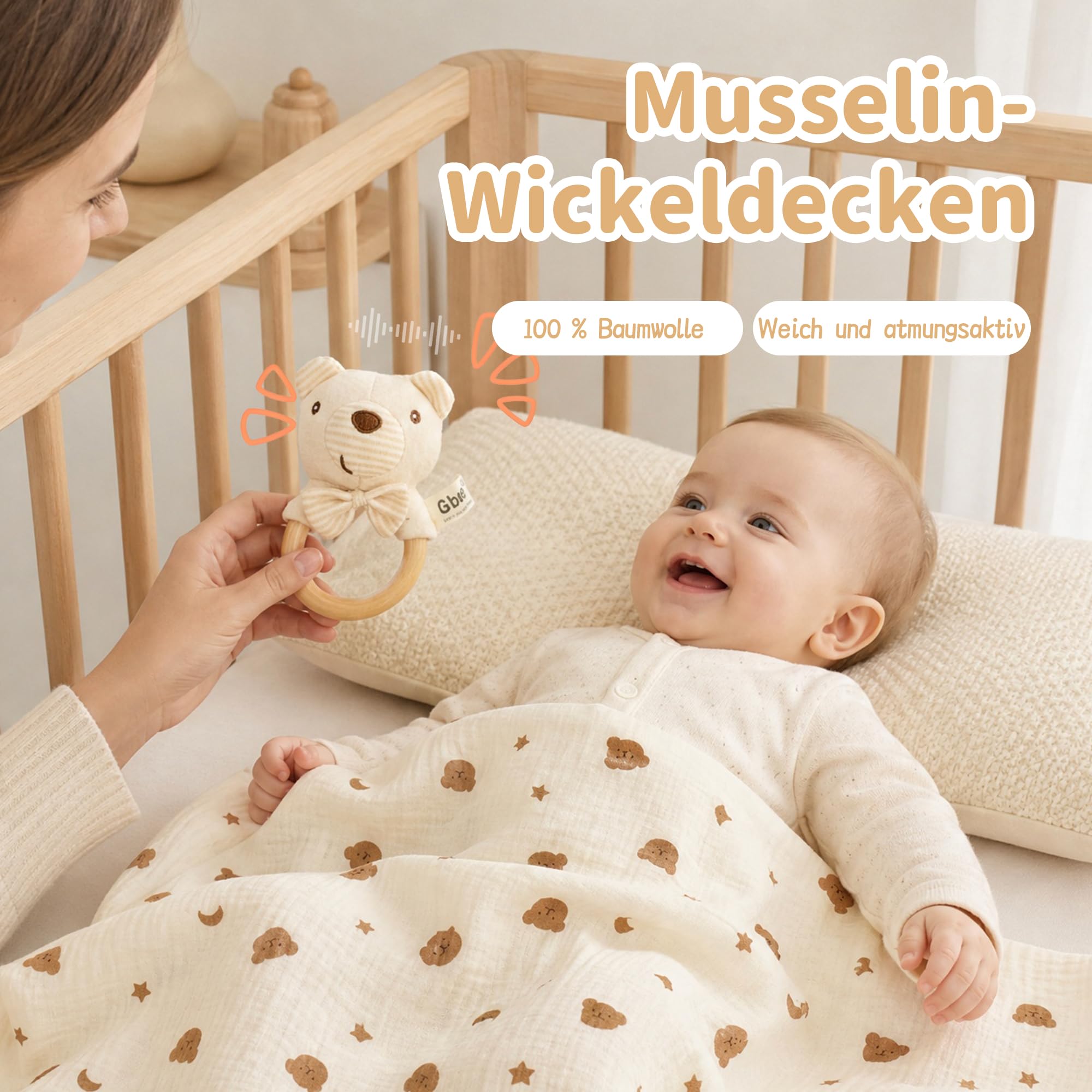 Geschenk zur Geburt – Baby Schmusetuch mit Holzrassel, Rassel, Silikonbürste, Babydecke, Socken – Babyparty Geschenkbox