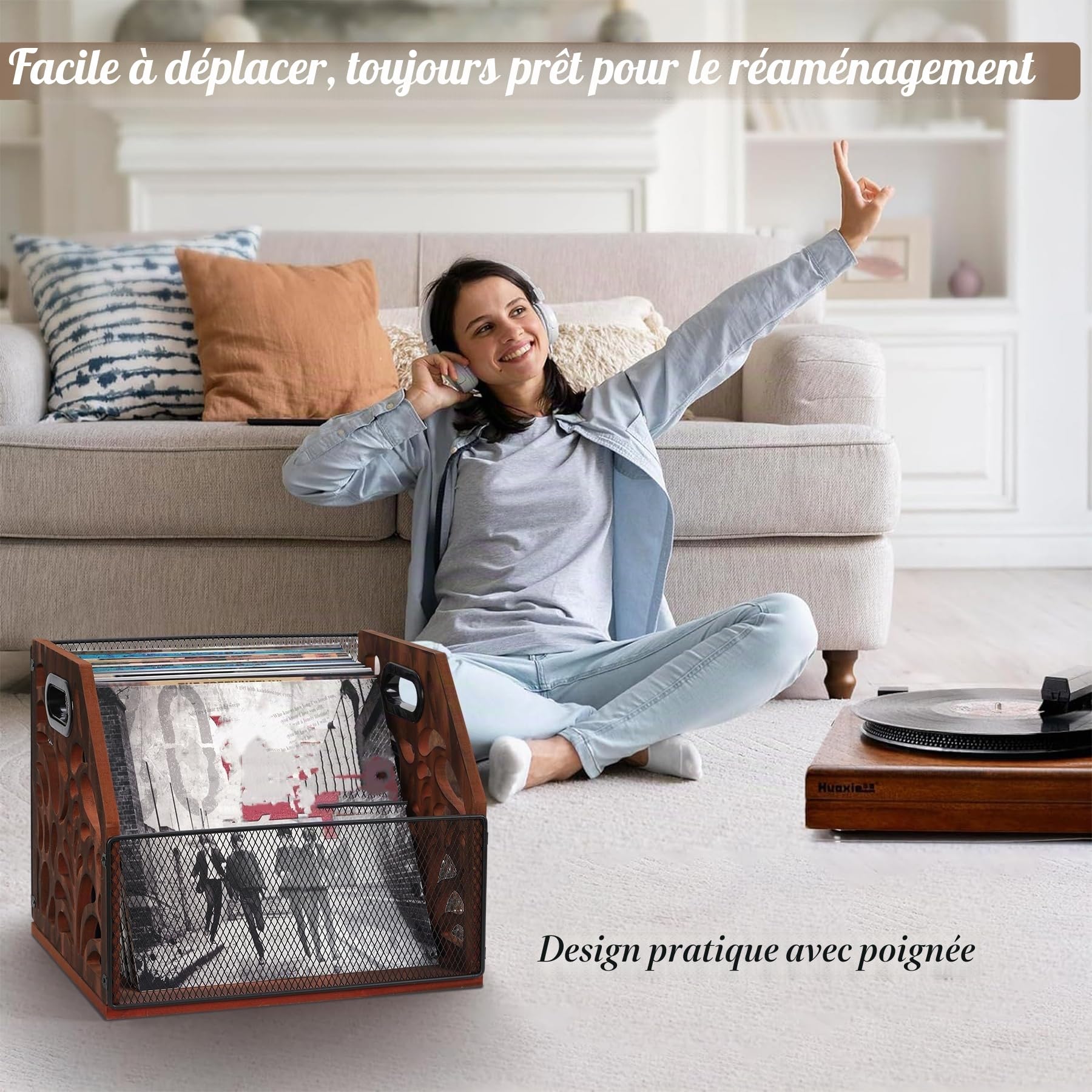Support de rangement vintage en bois pour disques vinyles - Pour 70 disques vinyles
