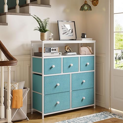 Miniatura 23 de EnHomee Soporte de TV para dormitorio con 7 cómodas y 2 estantes abiertos, cómodas y cómodas para pasillo, entrada, dormitorio, gris Gris