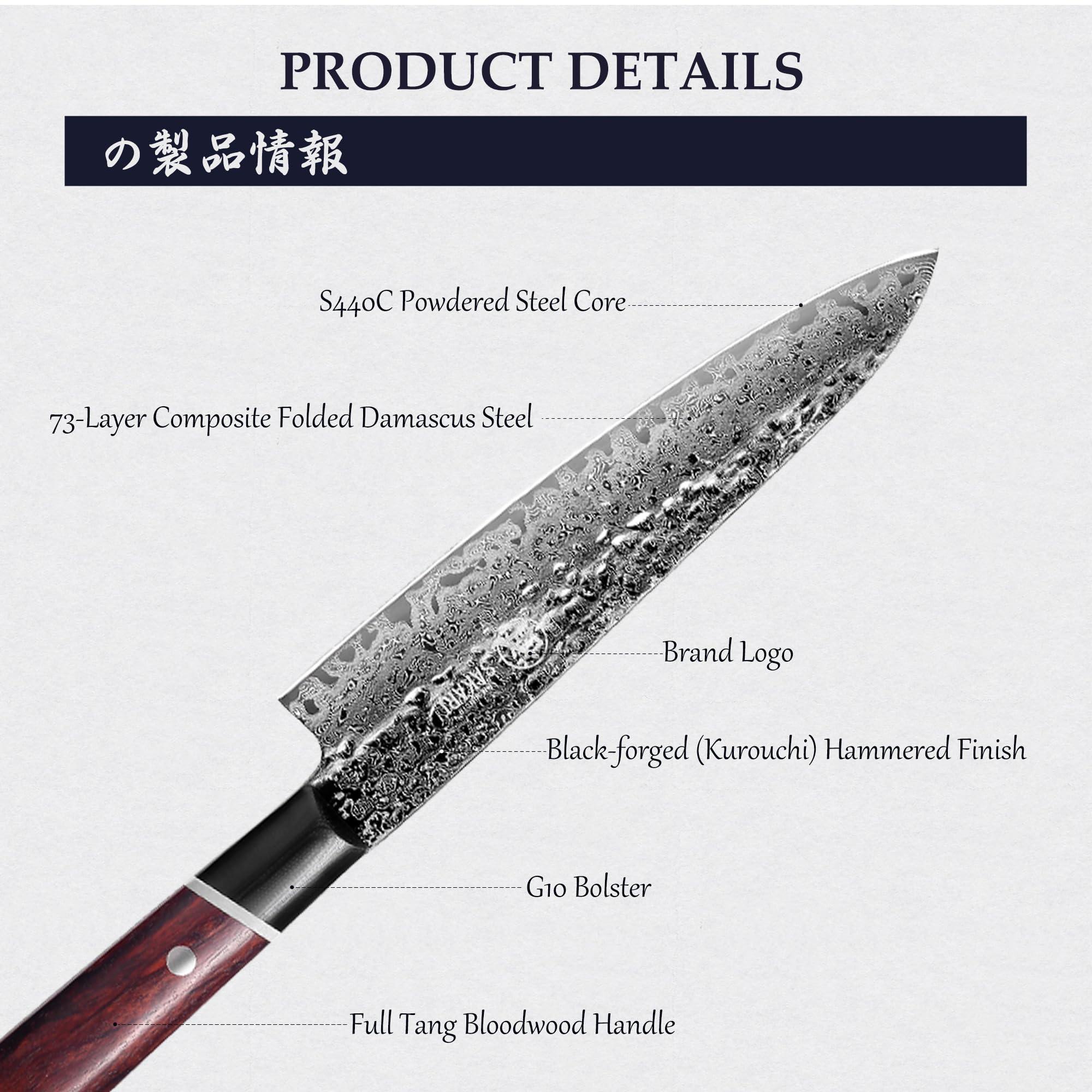 MITSUMOTO SAKARI Coltello da Cucina Gyuto 20 cm S440C in Polvere | Acciaio Damasco a 73 Strati, Coltello da Cucina Giapponese Forgiato a Mano, Manico G10 in Legno di Sangue