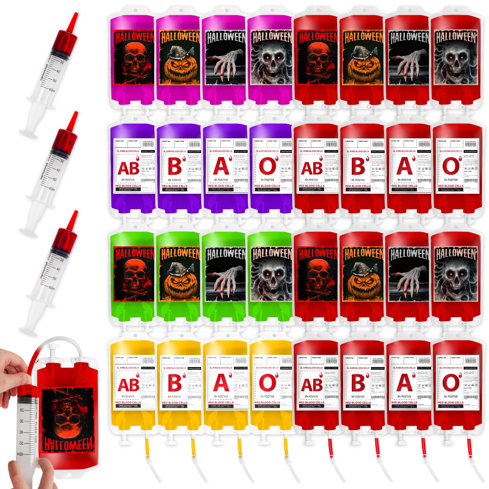 MGparty 48 Packs Halloween Blood Bags for Drink Halloween Party Decoration Drink Pouches Juice Containers for Zombie Vampire Theme Party Props (48pcs Bags, 48 Clips, 3 Syringes)