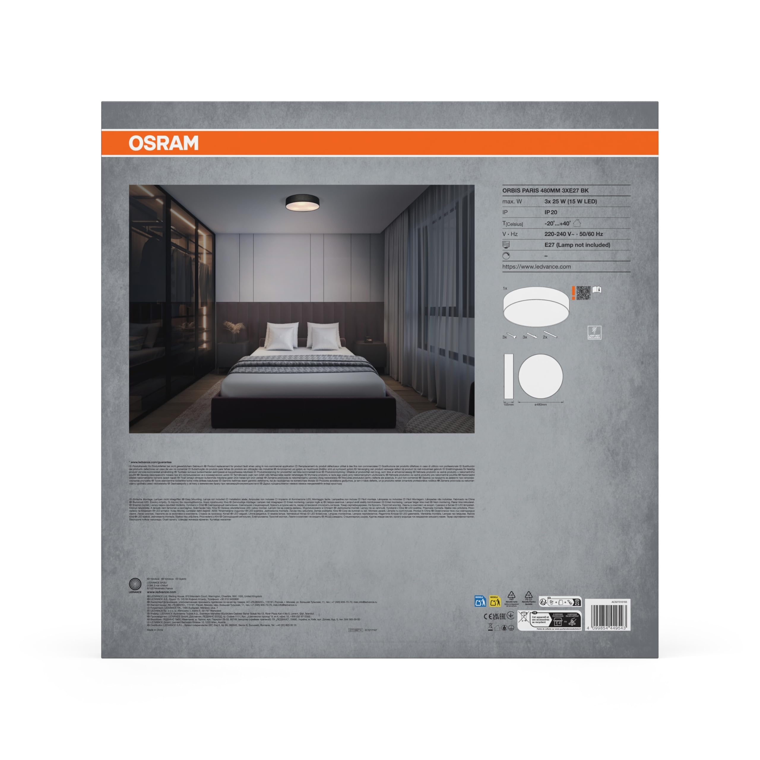 OSRAM Lampa sufitowa ORBIS PARIS 480mm, czarna, trzonek 3XE27, możliwość wyposażenia w inteligentną lampę, nowoczesny design, z tekstylnym kloszem, odpowiednia do wnętrz, okrągła, stopień ochrony IP20