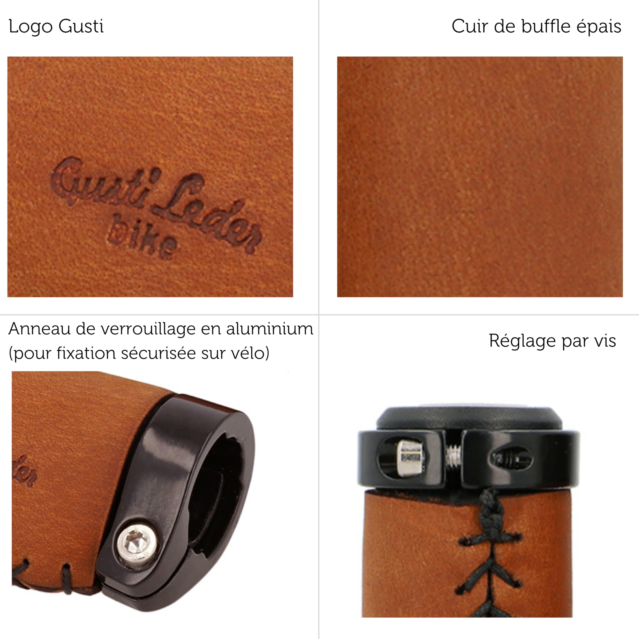 Gusti Cuir véritable - Phil A. Poignées de Guidon en Cuir véritable Poignées de vélo Marron Anneau métallique Lot de 2