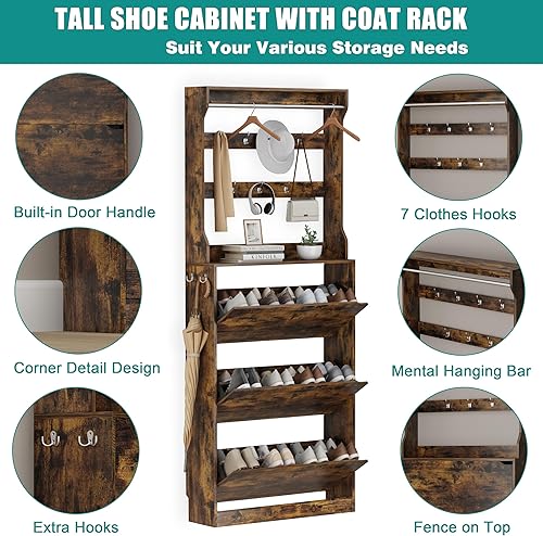 Miniatura 68 de Armario de almacenamiento de zapatos para entrada con 3 cajones abatibles, almacenamiento oculto de madera resistente, organizador de zapatos