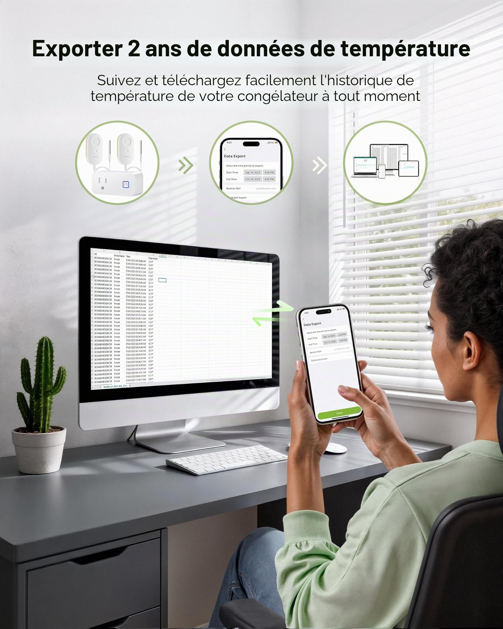 MOCREO Thermomètre WiFi pour réfrigérateur avec alarme de congélateur, alerte e-mail, notification d'application, enregistrement de données, exportation, sans frais d'abonnement, 2 capteurs de