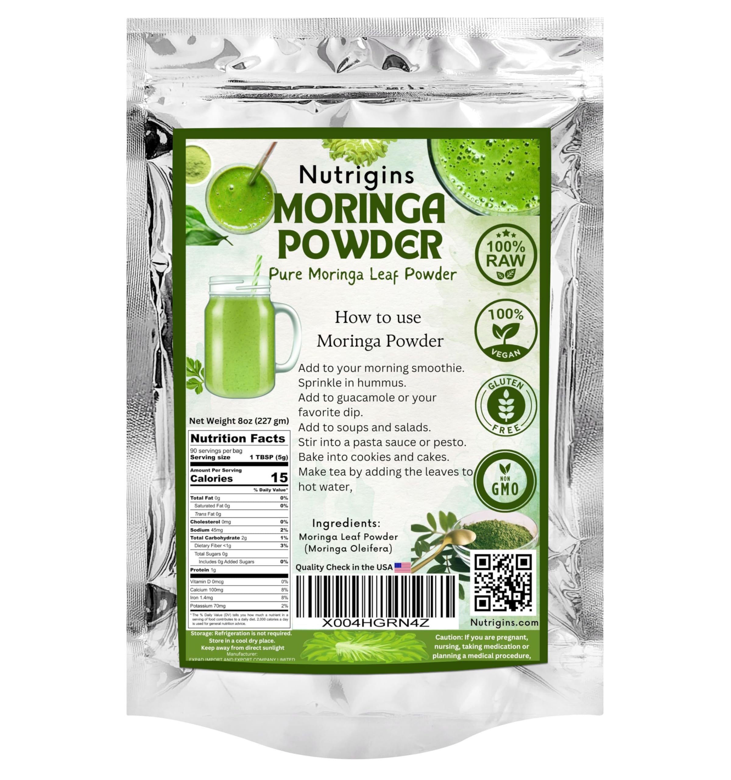Nutrigins Moringa Powder - Moringa Oleifera - 100% Raw and Pure Moringa Leaf Powder - Great for Drinks, Tea, Smoothies & Recipes - Food-Grade, Vegan,