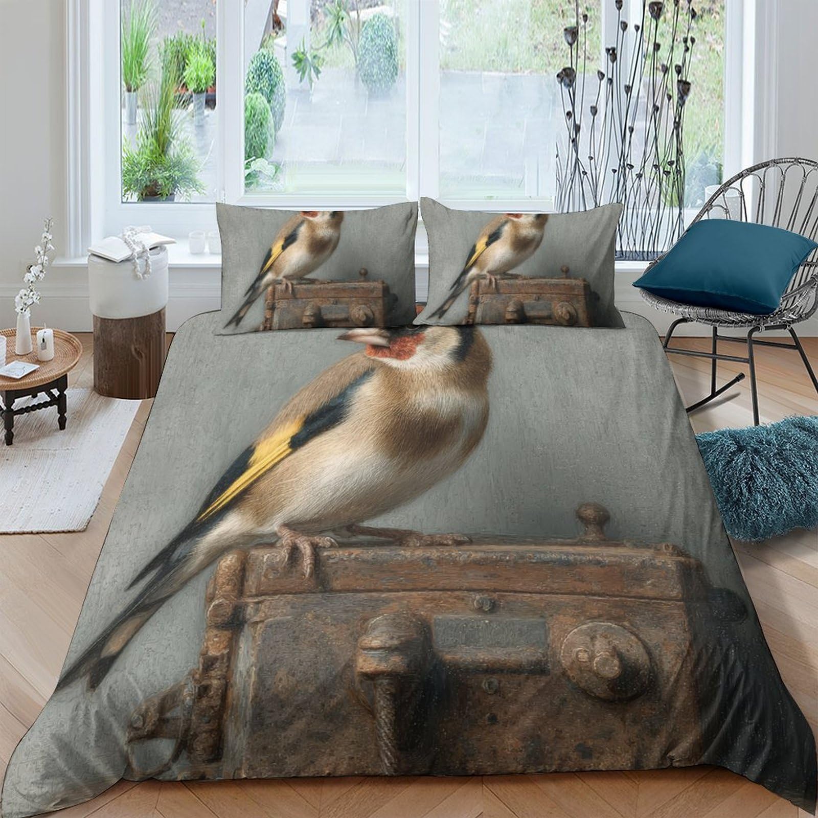 Ctjqhvkz Style-5 3D Printed Goldfinch Bird Fitted Sheet Microfiber Soft Breathable Vintage Art Mattress Cover Bedroom Decor Single（135X200cm）