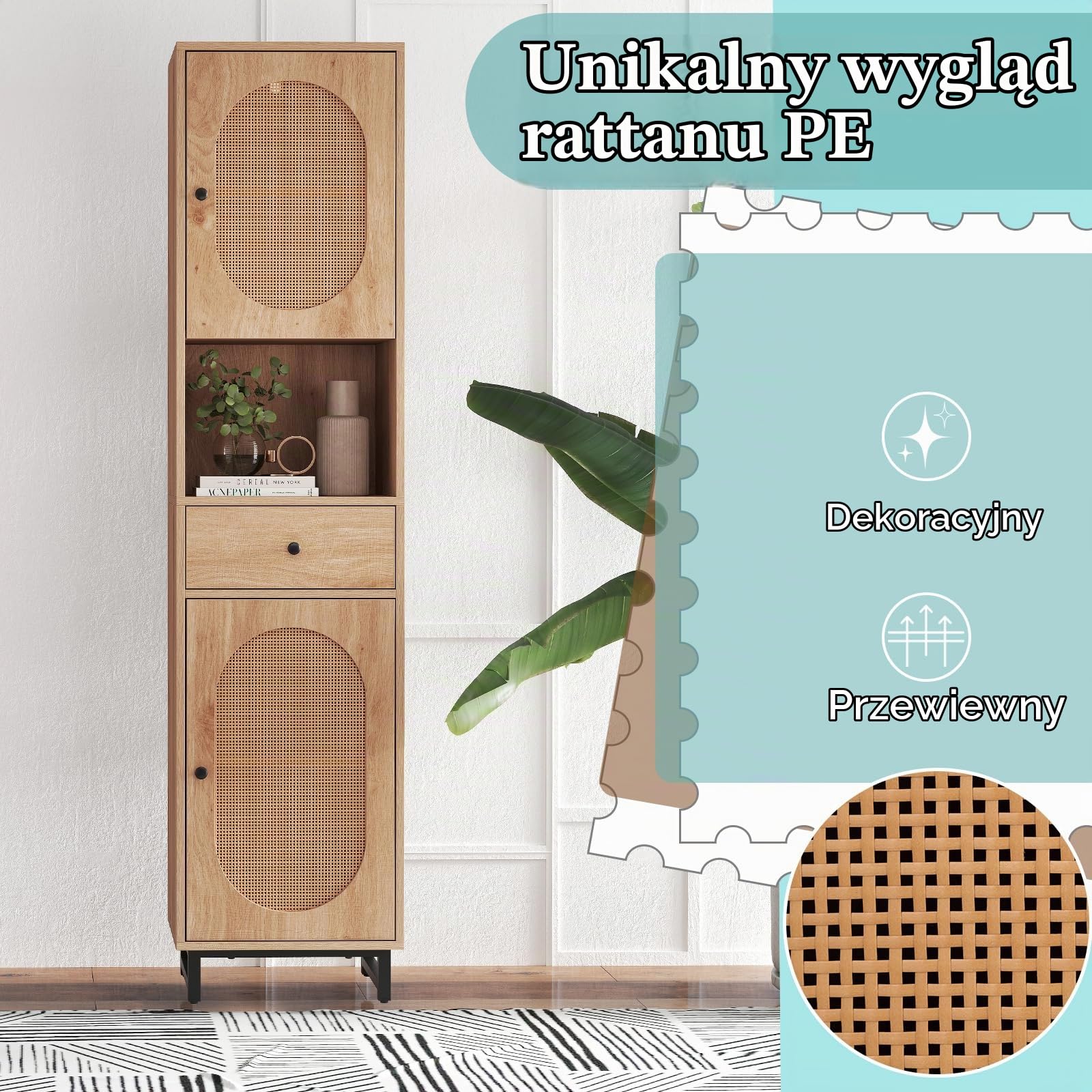 LIFEZEAL Szafka łazienkowa z 2 drzwiami rattanowymi, wysoka szafka toaletowa z regulowanymi półkami, metalowe nóżki, 40x30x170 cm, do łazienki, salonu, kuchni, naturalna