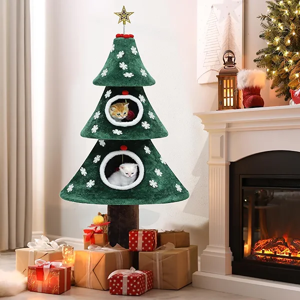 YITAHOME Christmas Cat Tree with 2 Houses, 52 in Cat Tower for Indoor, Cat Furniture with Teaser Plaything for Christmas Decoration