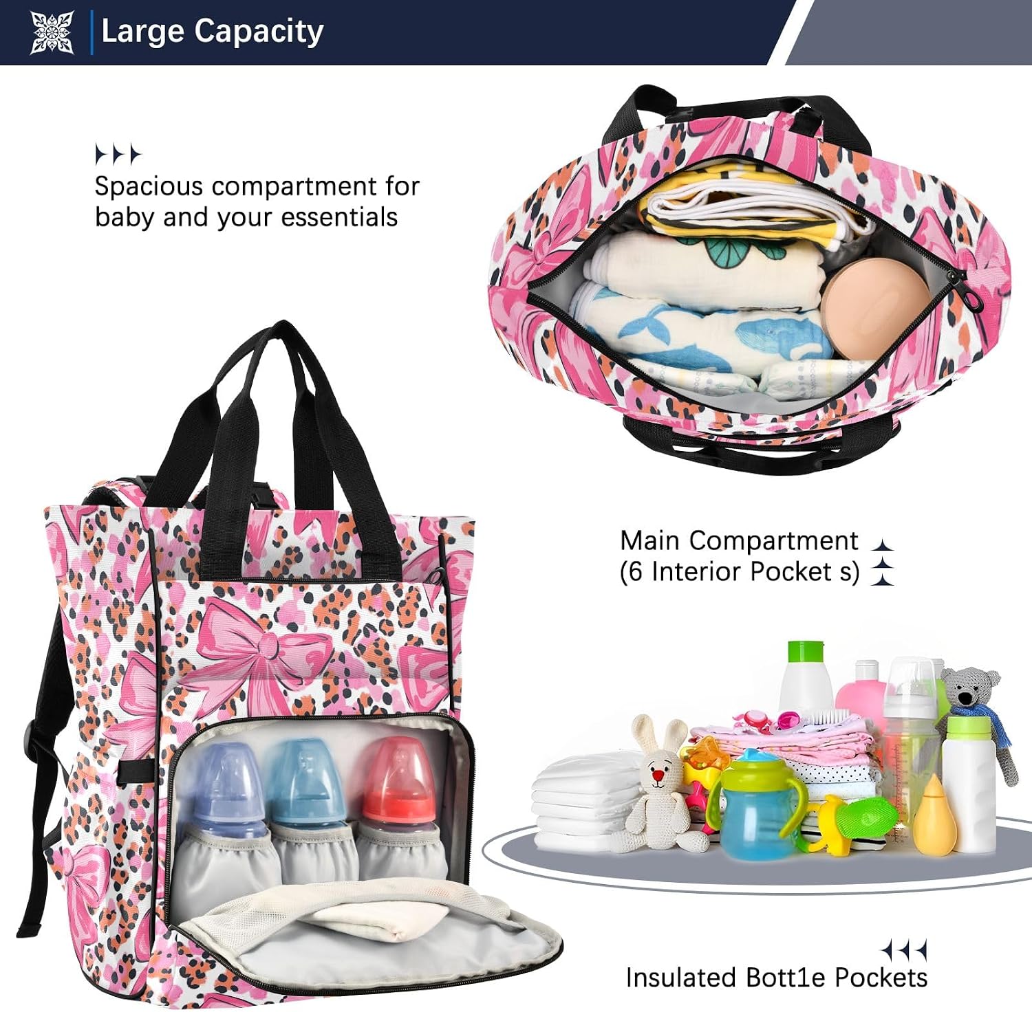 Bolaz Leopard Print Bow Diaper Bag Backpack Tote Multifunction Baby Nappy Changing Bags Large with Stroller Straps Travel