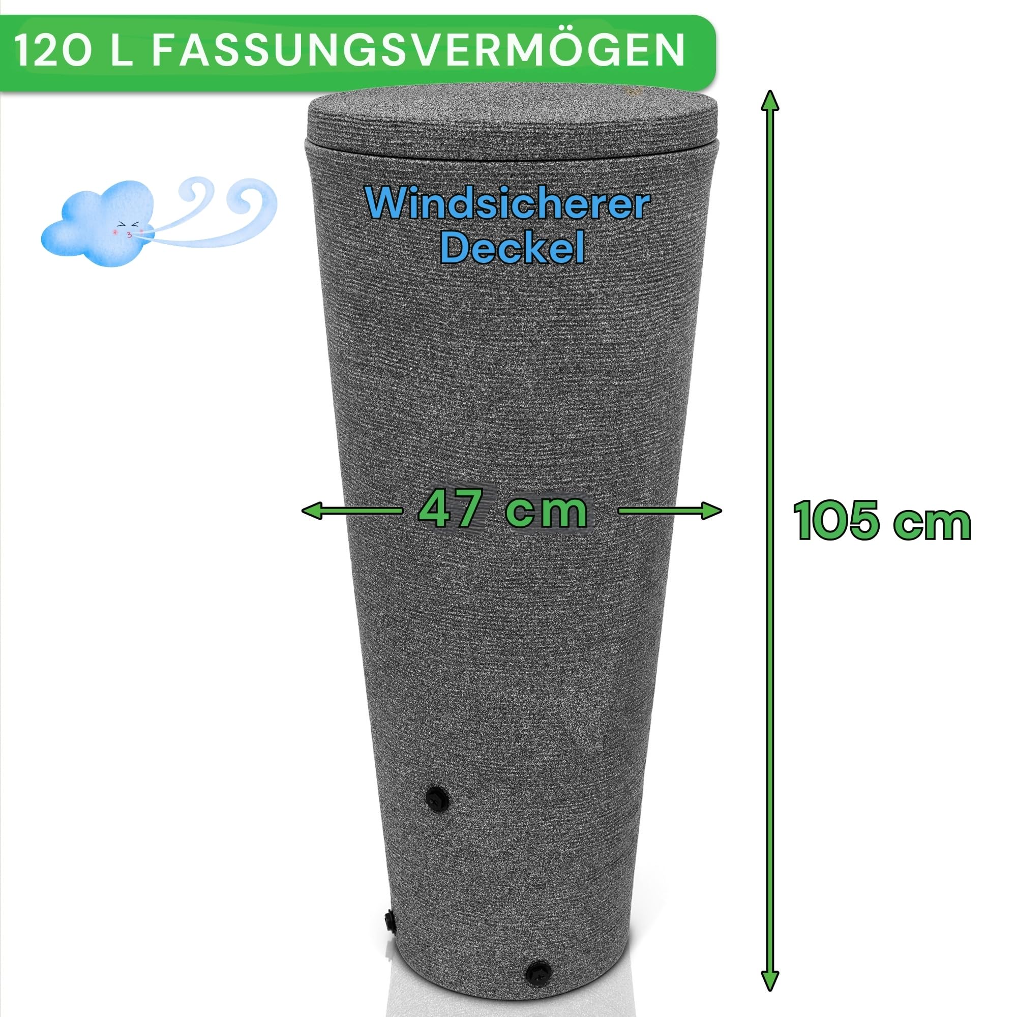 YourCasa Regentonne 120 Liter [Tubo Tank] mit Metallgewinde & Deckel - Regenfass Frostsicher aus Kunststoff - Regenwassertonne - Regenwassertank Garten Wassertank Regensammler Wasserfass Wassertonne