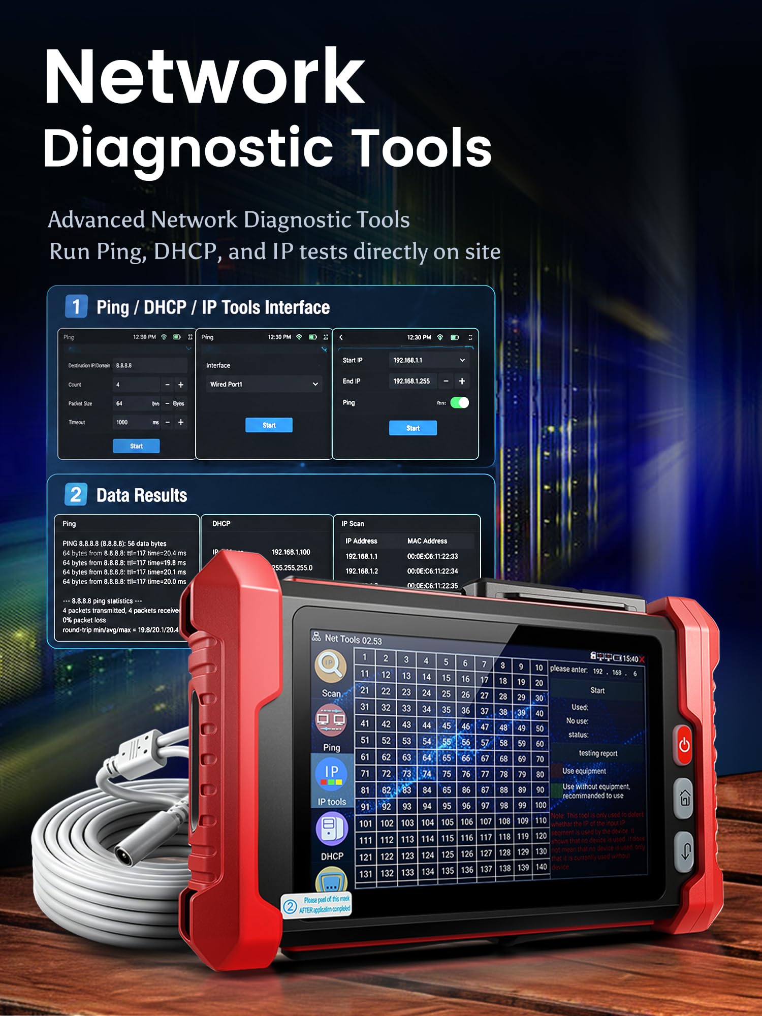NOYAFA CCTV-Tester, 8 Zoll IPS Touchscreen, IP/CVBS/AHD/TVI/CVI Kamera Tester, 4K Video, PoE/12V/24V Ausgang, TDR Kabellängentest, Kabel-Tracker (optional), WiFi, RS485, NF-IPC728