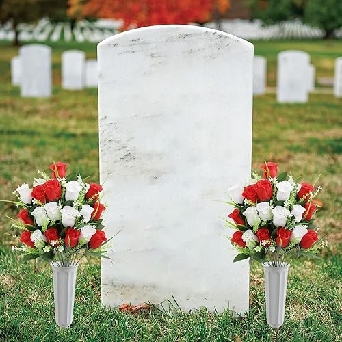 Miniatura 6 de U'Artlines 2 flores artificiales de cementerio para tumba, de seda, conmemorativas, para exteriores, para tumba, jarrón, cementerio, arreglos