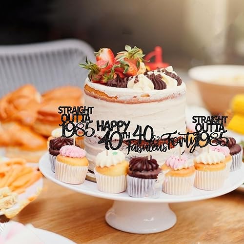 Miniatura 5 de Paquete de 24 adornos para cupcakes Straight Outta 1983 con purpurina para cuarenta y 40 años, decoraciones para pasteles de cumpleaños de 40 años,