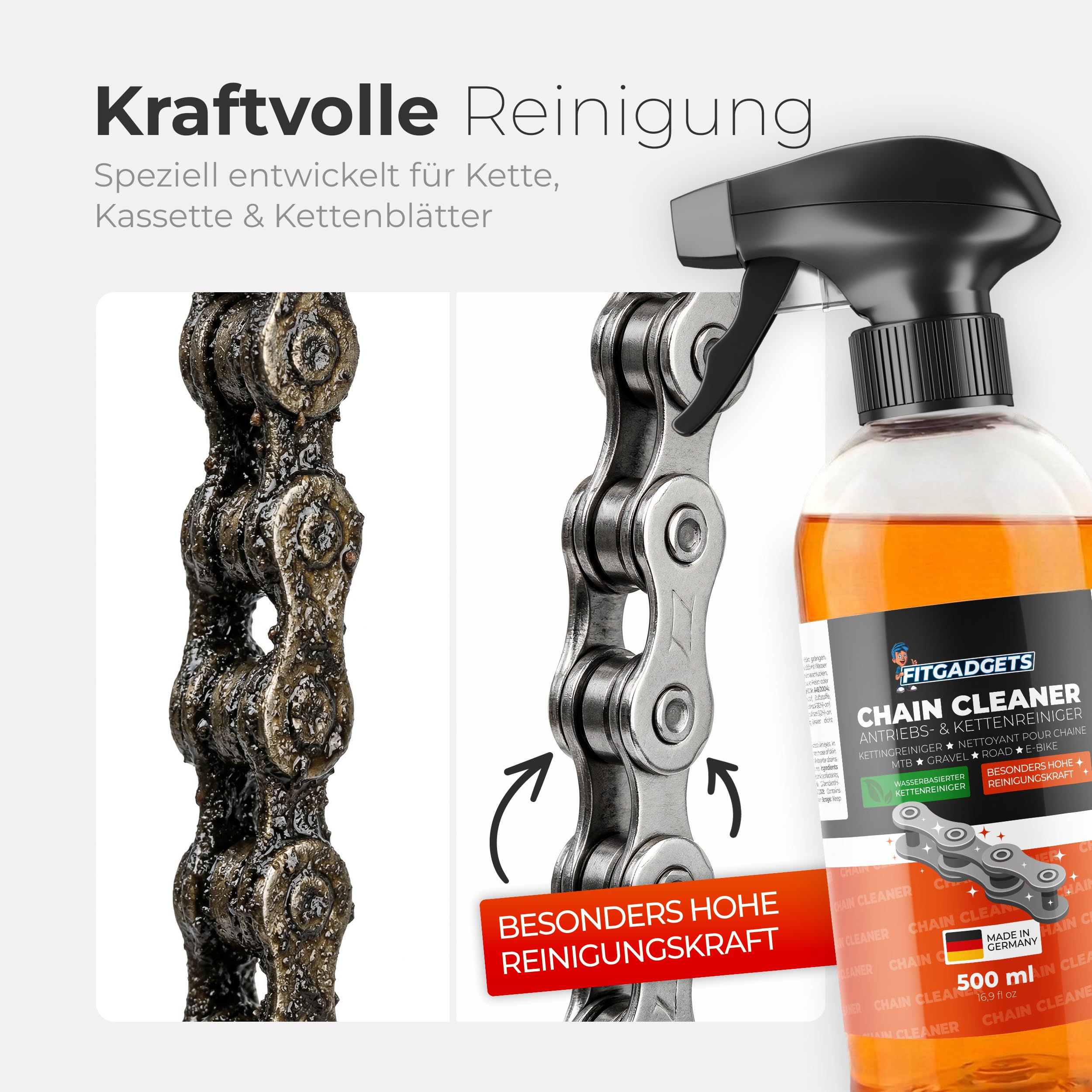 Fitgadgets środek do czyszczenia łańcuchów rowerowych w butelce z rozpylaczem 500 ml – środek do czyszczenia napędu i łańcucha o zapachu cytrusowym do rowerów elektrycznych, MTB, rowerów wyścigowych i