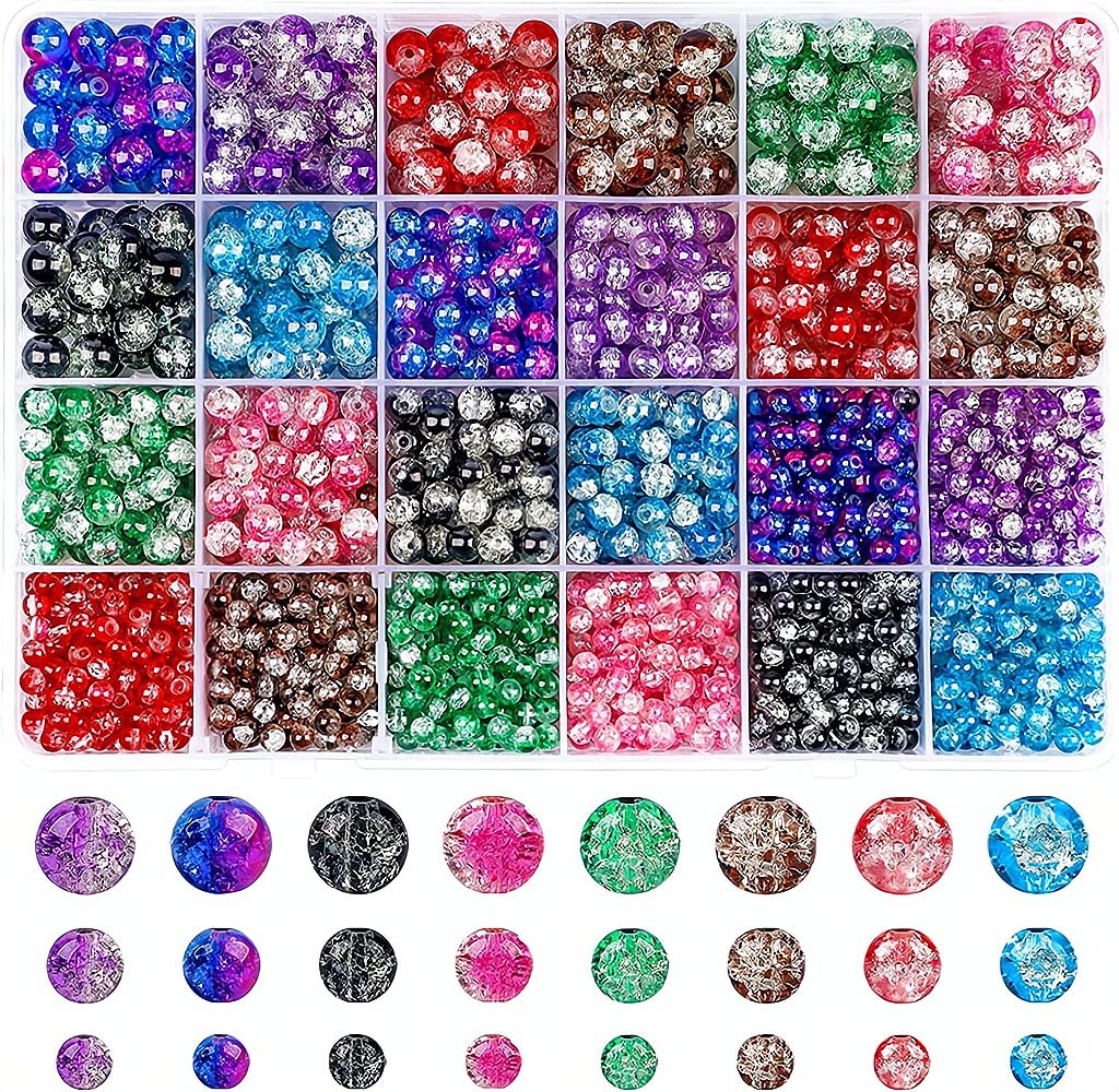 DIY Bead Set, 1900+pcs 8 Color Crackle Lampwork Glass Beads Round Spacer Loose Beads for Making Necklace BraceleCharms Pendants, Art Craft & Jewellery Making Kit for Kids Girls Age 4 5 6 7 8, Style D
