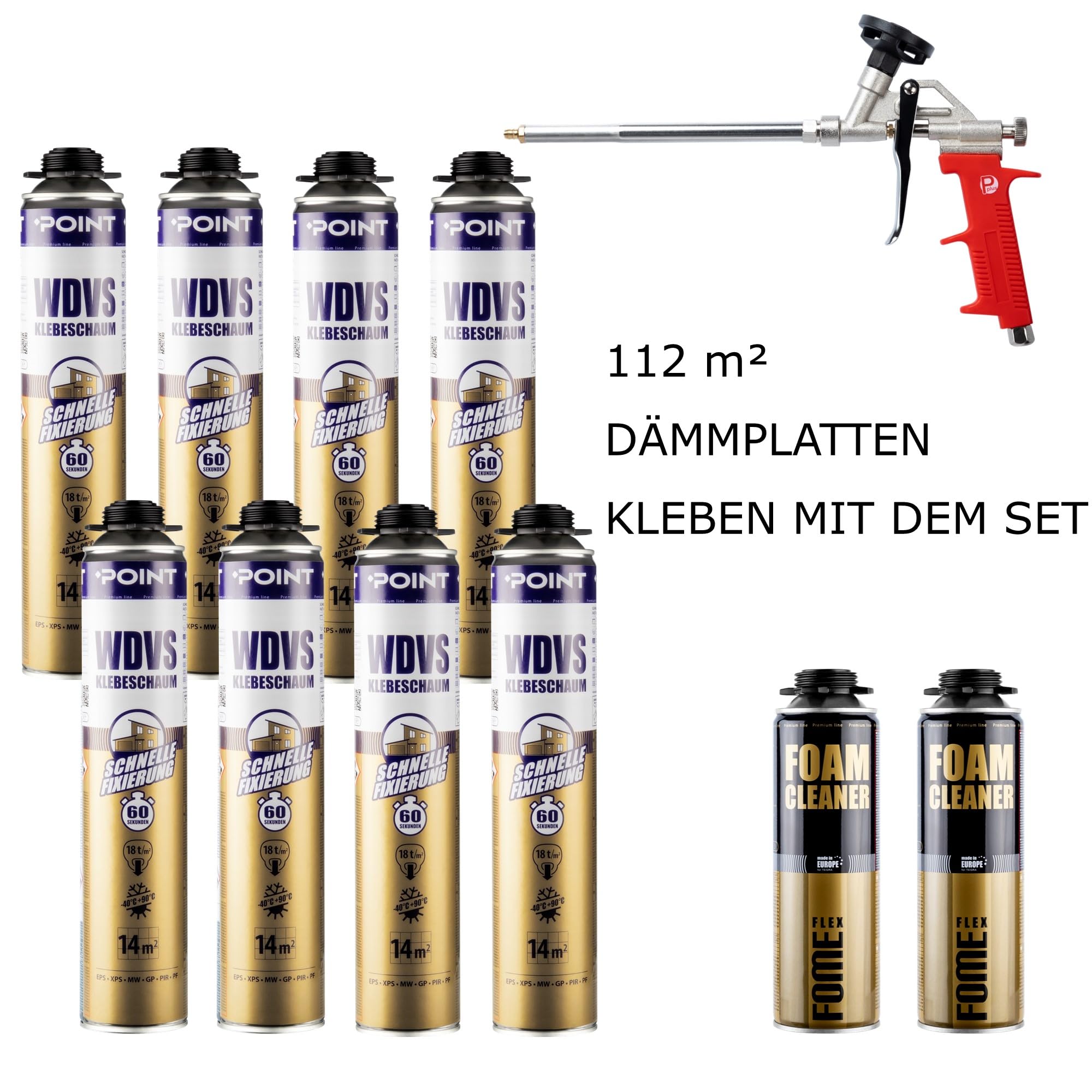 Dämmstoffkleber für EPS- & XPS-Platten | Klebeschaum-Set für Dämmung | Bauschaum |Perimeterkleber | 8x 850ml Pistolenschaum, PU-Schaumreiniger & 1 Schaumpistole (SET 2)