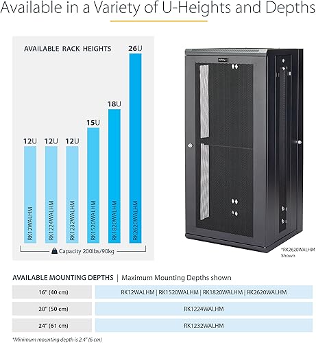 Miniatura 5 de StarTech. com 12U - Armario de red de montaje en pared de 19 pulgadas, 20 pulgadas de profundidad, 4 postes, con bloqueo de bisagras, gabinete de