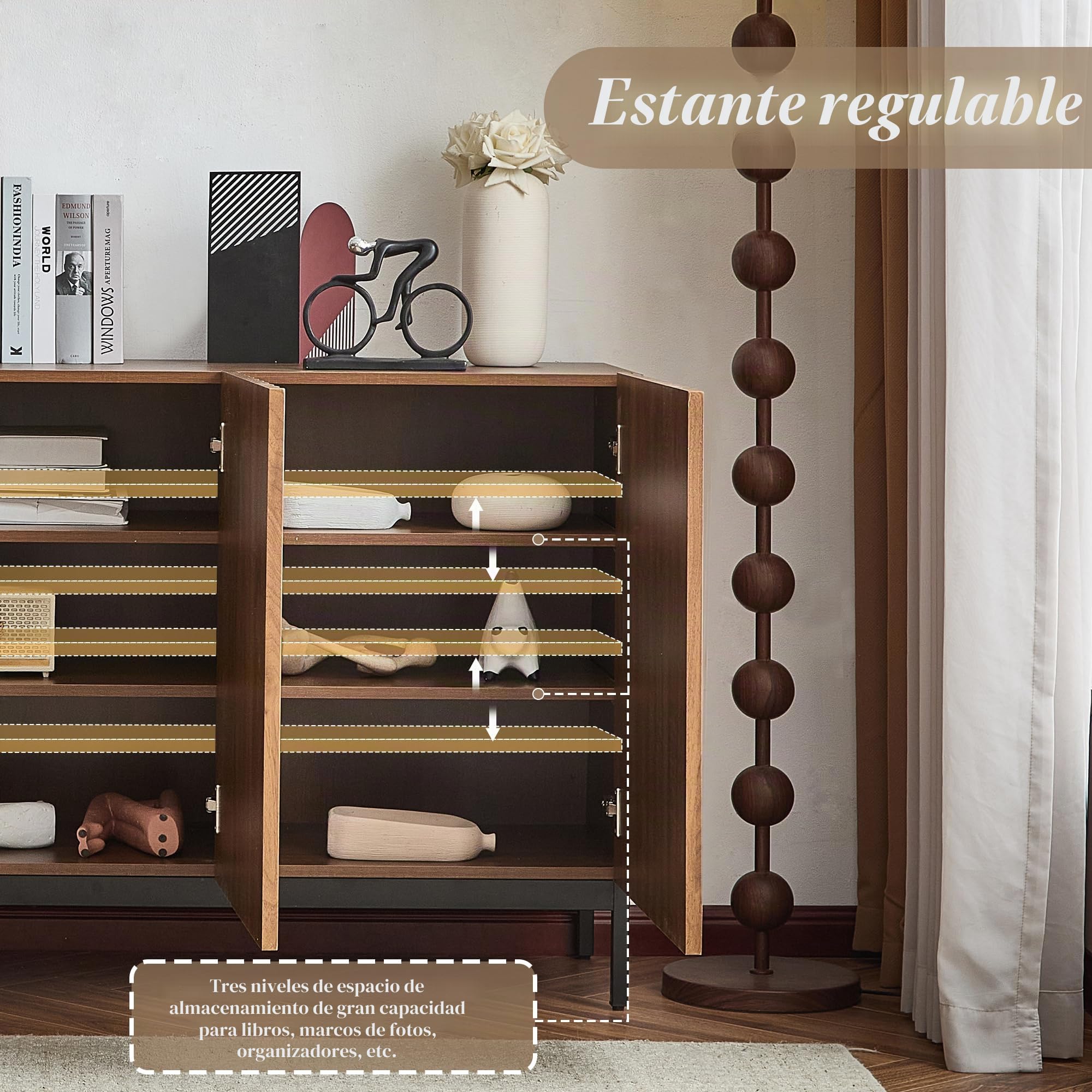 150x40x80cm, aparador en roble oscuro, mueble decorativo moderno de mediados de siglo, 3 puertas, diseño ondulado, estantes ajustables, elegante mueble contenedor para salón, comedor, oficina