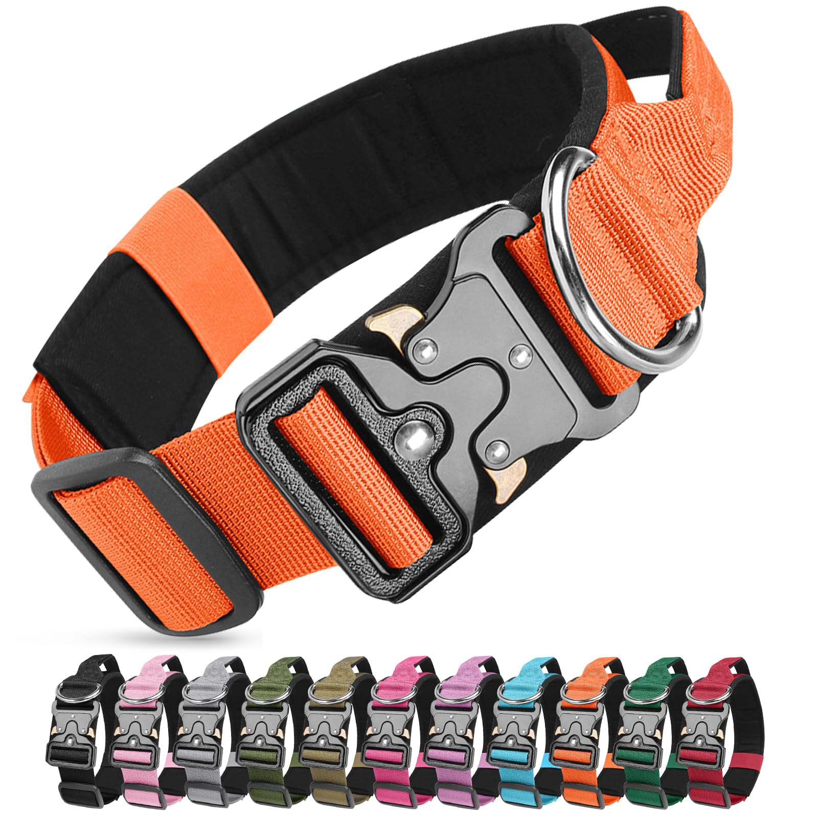 Ledeak Tactical Dog Collar, Military Nylon Adjustable Training Dog Collar with Heavy Duty Metal Buckle, Comfortable Pet Collars with Handle and Soft Padded for Medium Large Dogs (Orange, L)