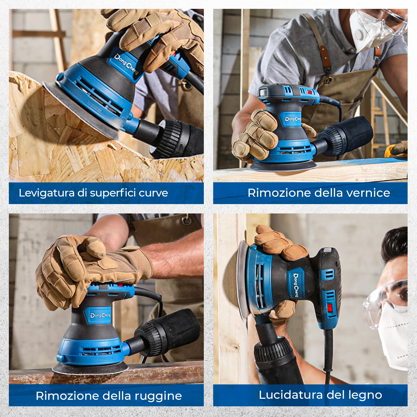 Dong Cheng 300W Levigatrice Orbitale, 125 mm, 6 velocità, 4000-12000 giri/min, Sistema di raccolta della polvere con 10 dischi abrasivi, ideale per progetti di lavorazione del legno