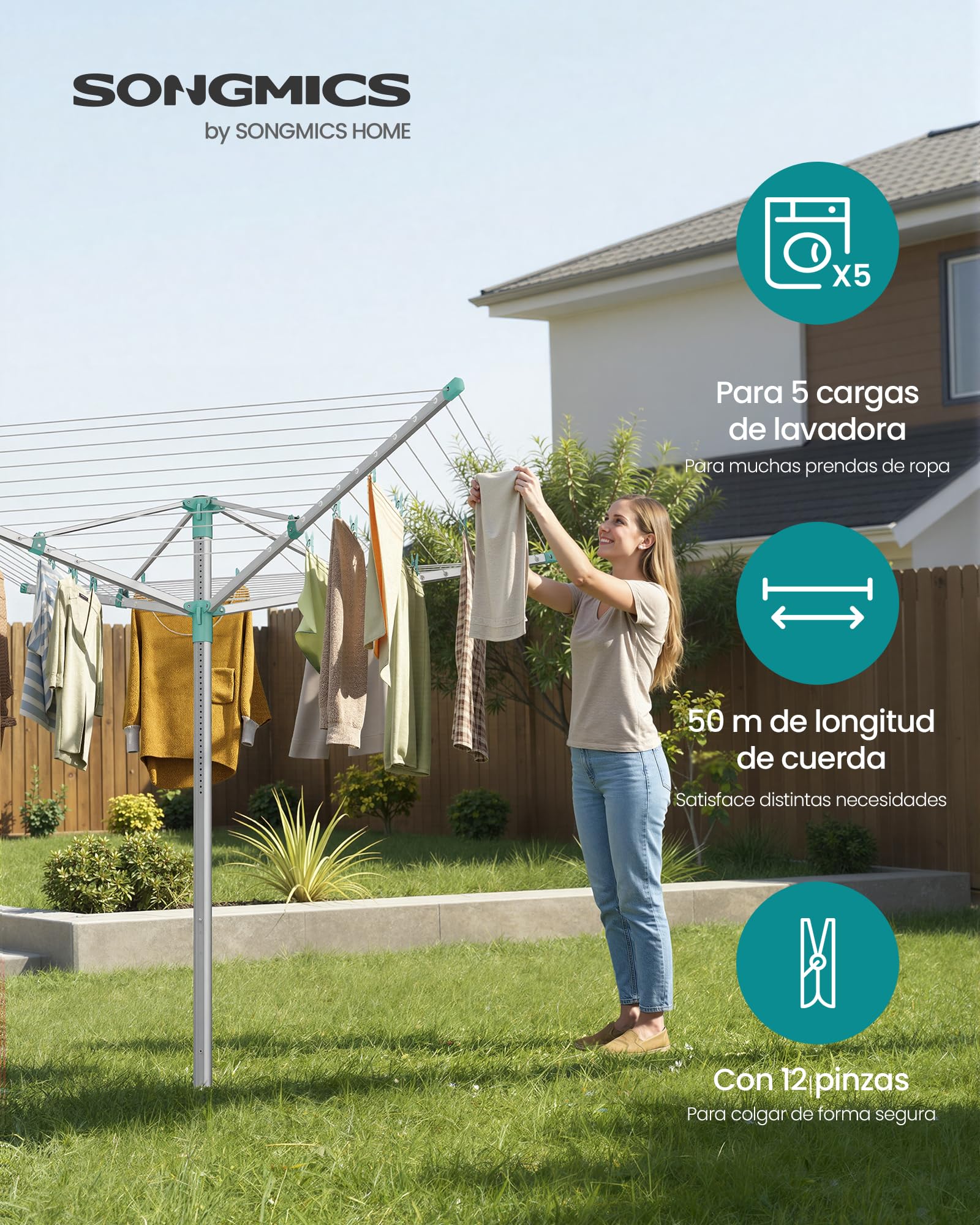 SONGMICS Tendedero Tipo Paraguas, Tendedero de Exterior, Altura Ajustaable, Aleación de Aluminio, Anclaje al Suelo, con Funda y Pinzas, Plateado y Verde, 50 m de Cuerda, para 5 Coladas LLR301E01V1