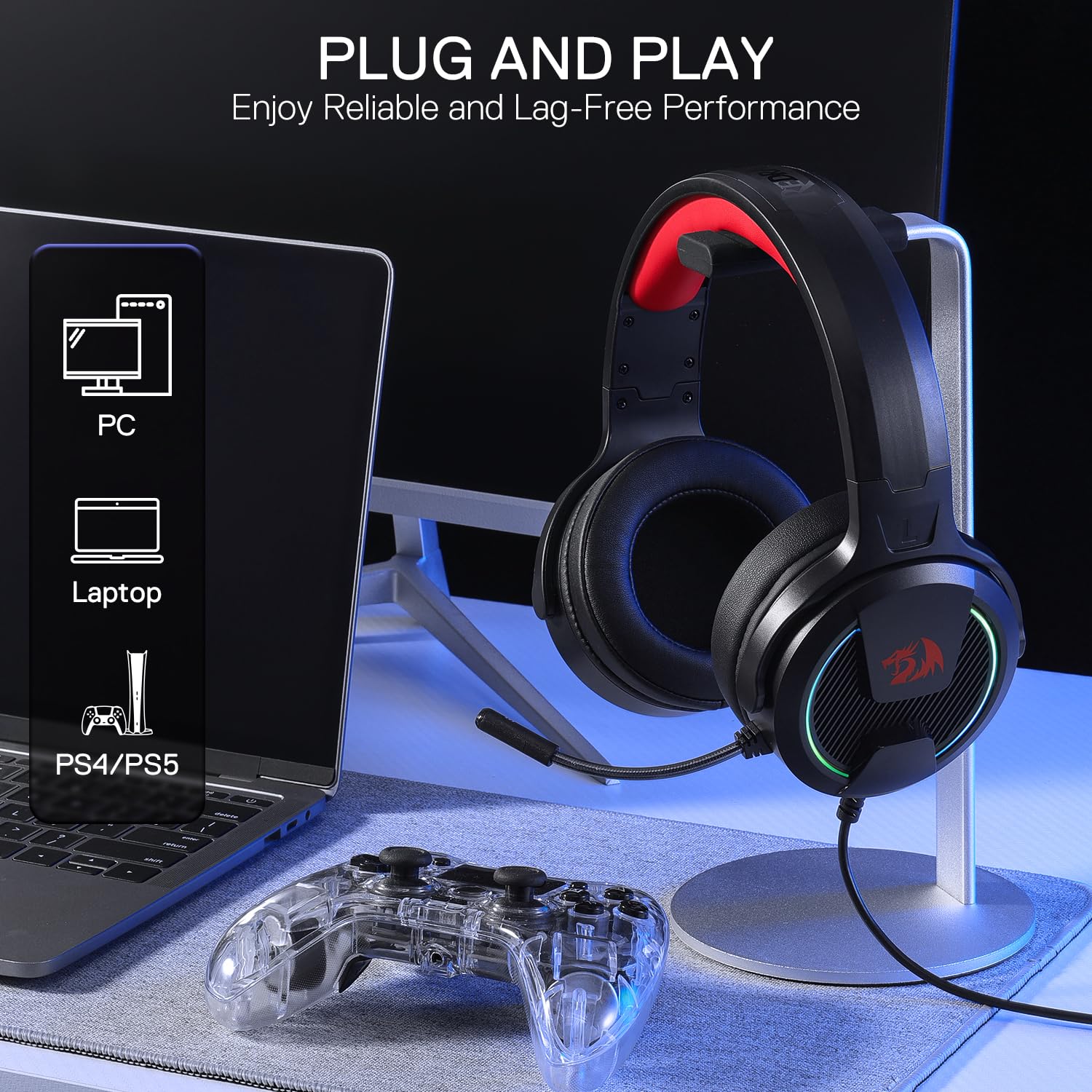 Redragon H315 RGB Casque de jeu – Casque d'ordinateur filaire avec pilotes de 40 mm, microphone antibruit, connexion USB, design léger et coussinets d'oreille en cuir synthétique souple pour un