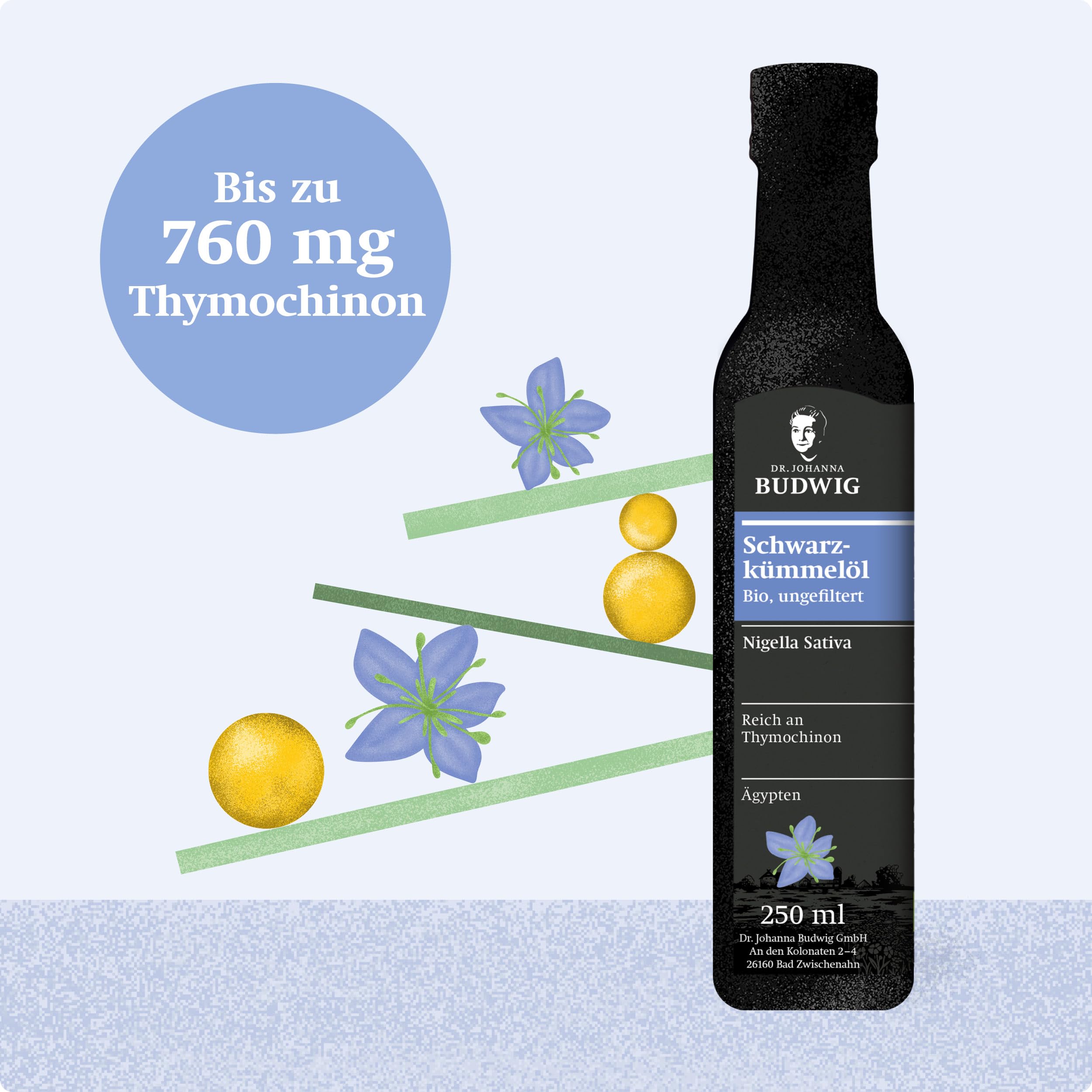 Dr. Budwig Premium Bio Schwarzkümmelöl ungefiltert (250ml) - nigella sativa - ätherisches Öl aus Ägypten - Vitamin E - 760mg Thymochinon - Linolsäure - kaltgepresst - laborgeprüft - naturrein